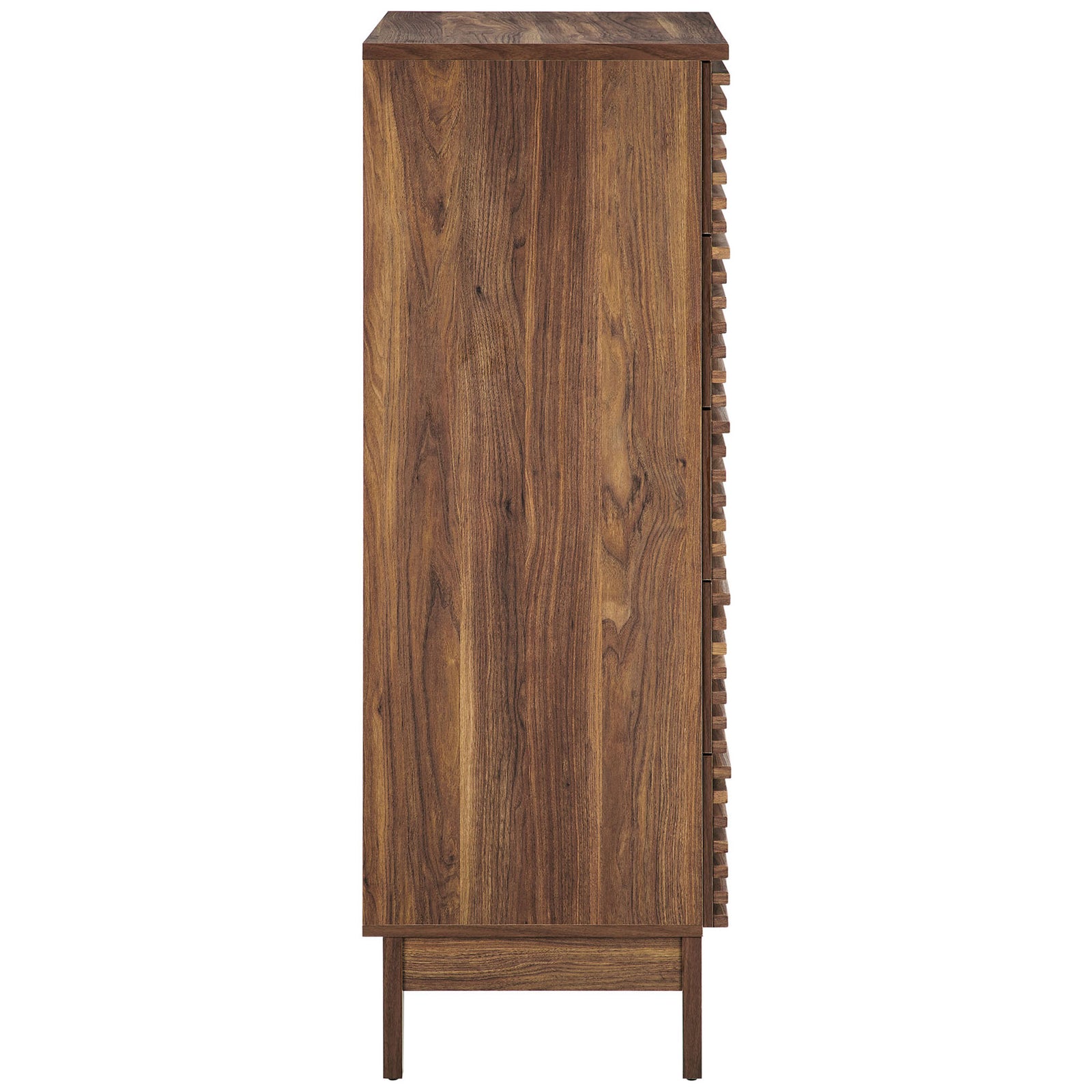 Sleek side profile of the walnut chest highlighting clean lines and smooth, vertical wood grain. || MOD-7203-WAL || side_studio