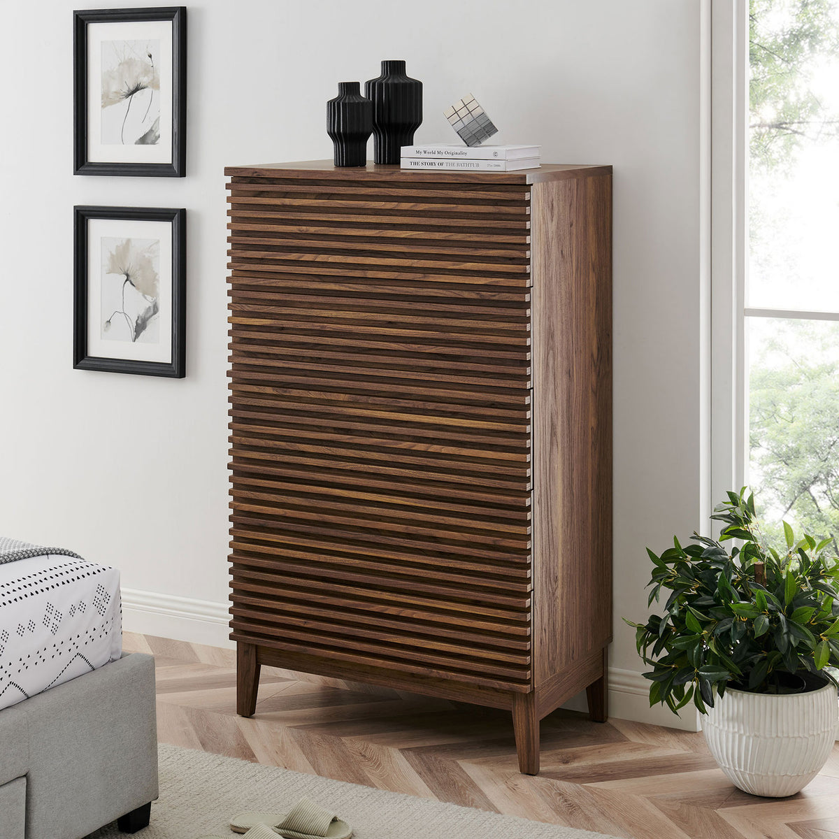Walnut 5-drawer chest styled in a bright bedroom, adding warm texture and vertical rhythm to the space. || MOD-7203-WAL || front_angle_room