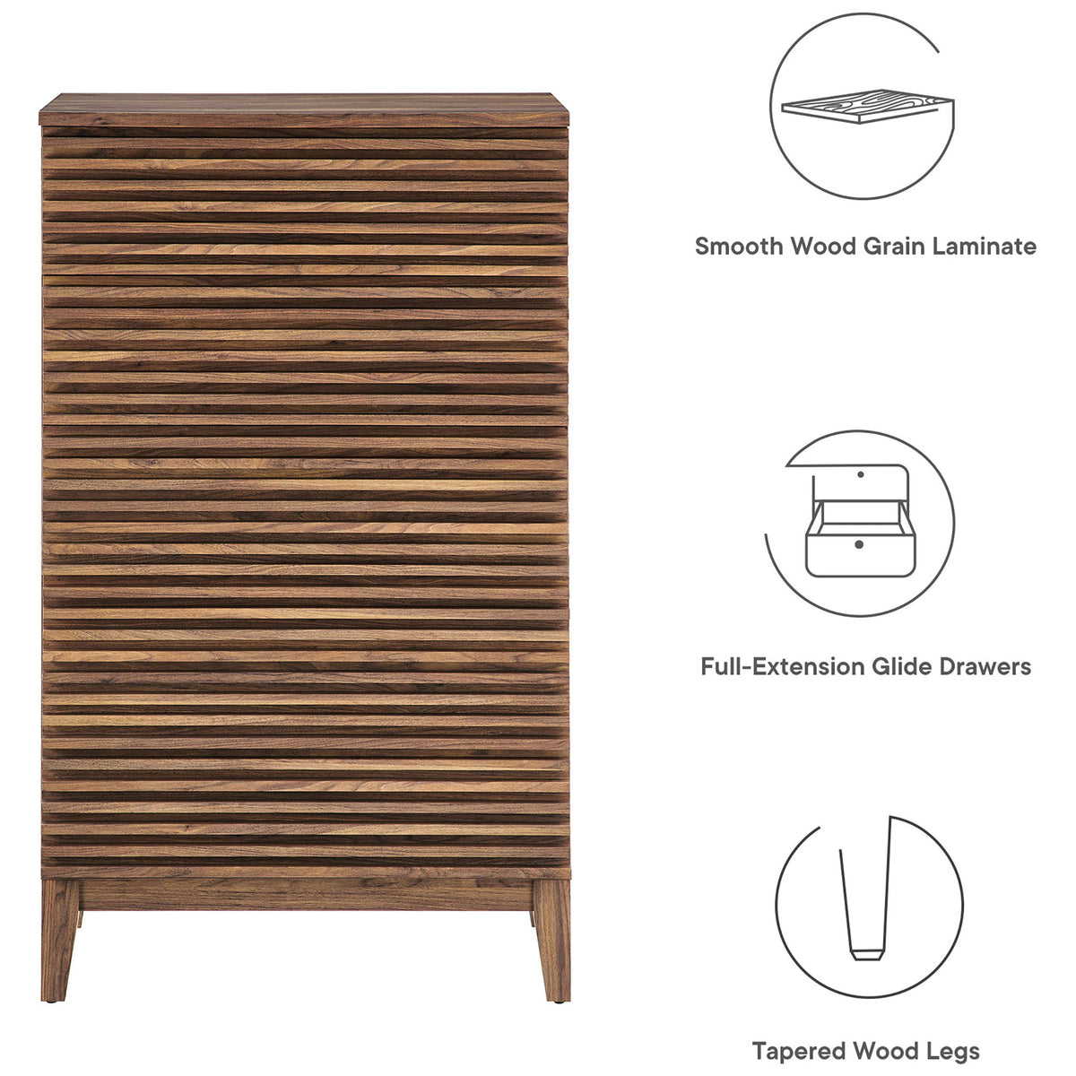 Feature graphic of the Render chest highlighting smooth wood grain laminate, glide drawers, and tapered legs. || MOD-7203-WAL || callout_studio