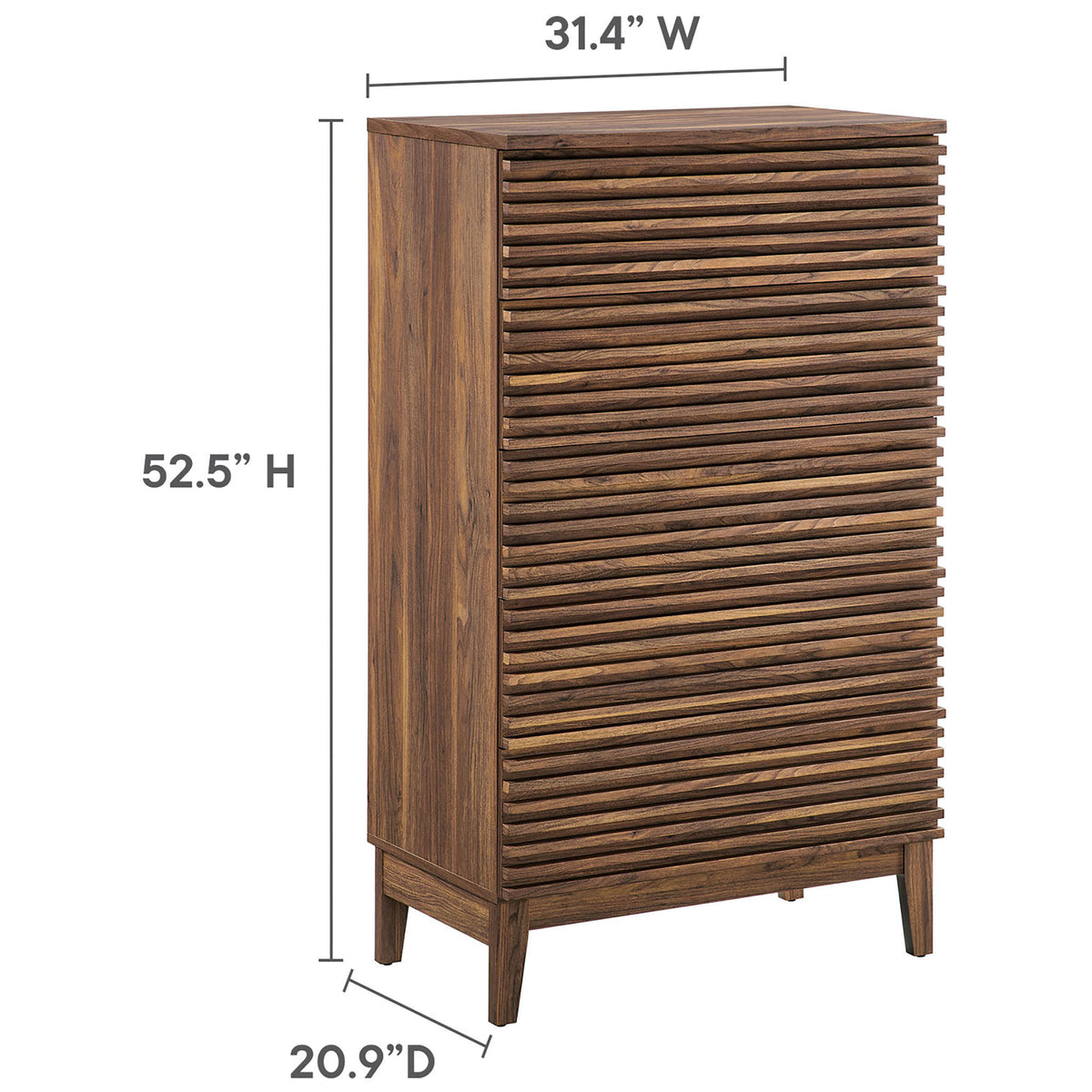 Dimension view of the Render walnut chest with height, width, and depth measurements clearly labeled. || MOD-7203-WAL || dimension_studio
