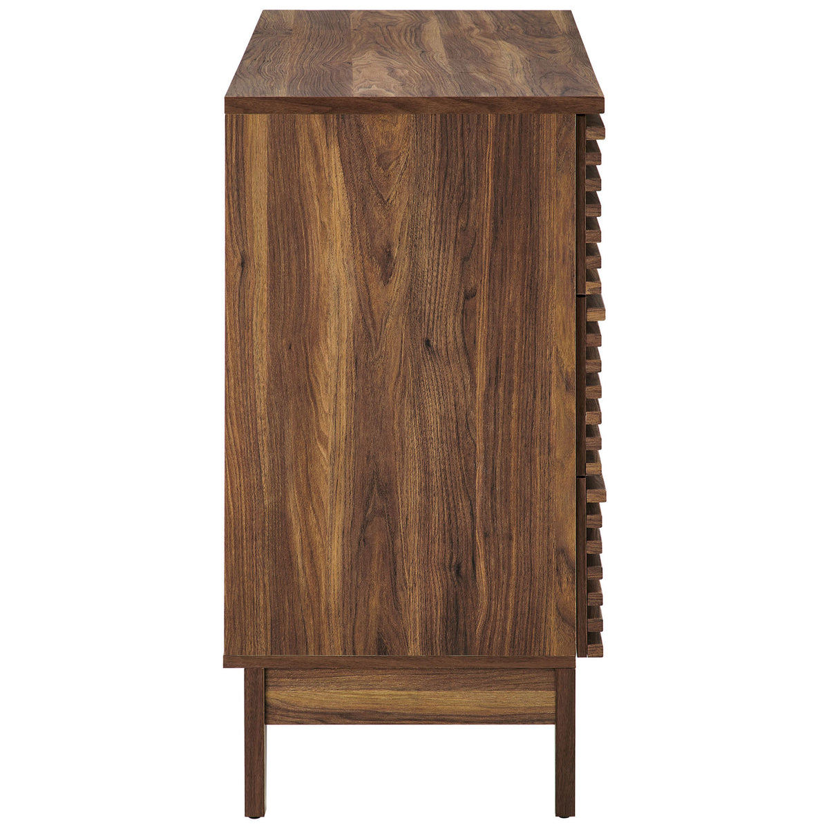 Rich walnut wood grain wraps around the case with slim tapered legs and mid-century lines. || MOD-7204-WAL || side_studio
