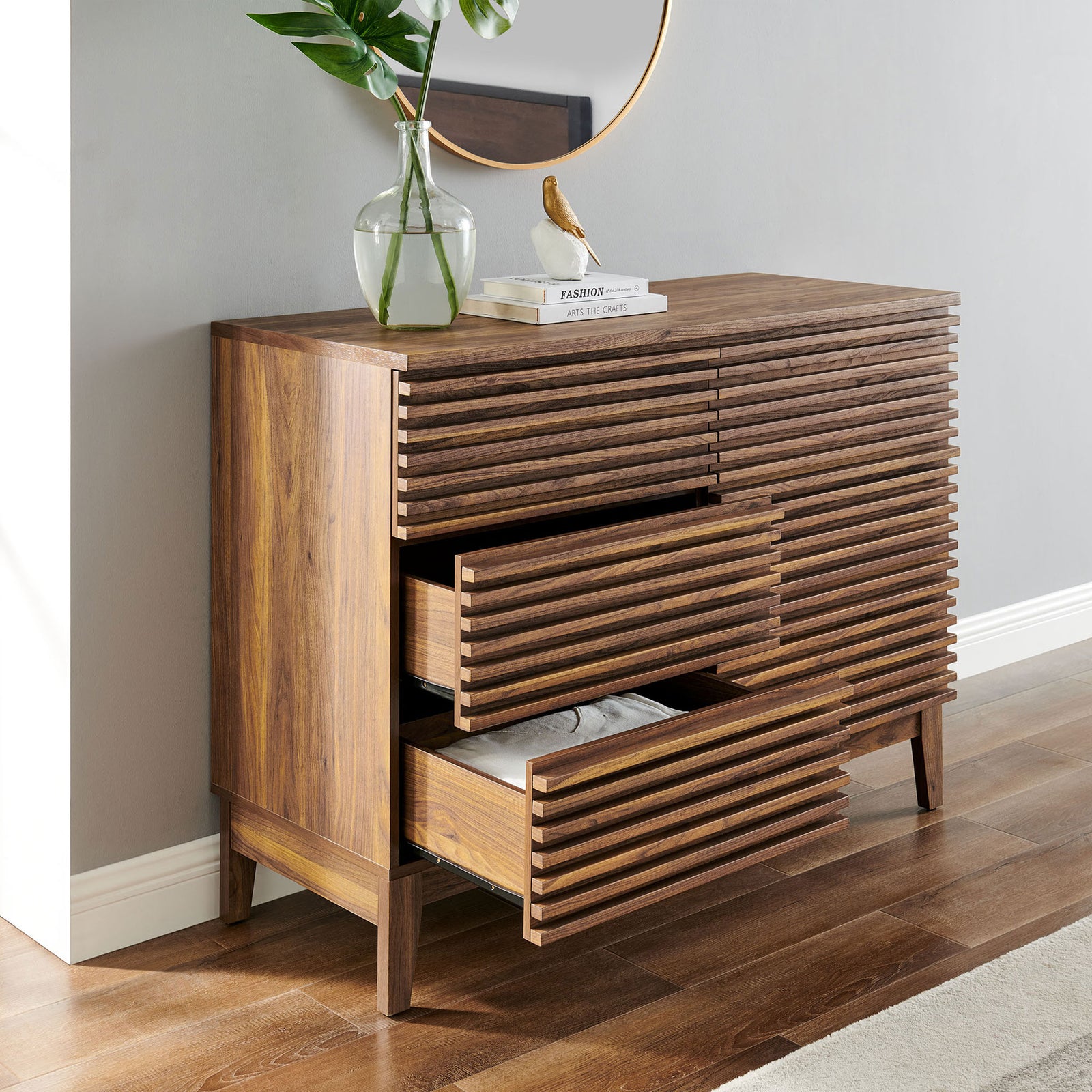 Open drawers showcase neatly folded linens, highlighting the dresser's generous storage capacity. || MOD-7204-WAL || front_angle_open_room