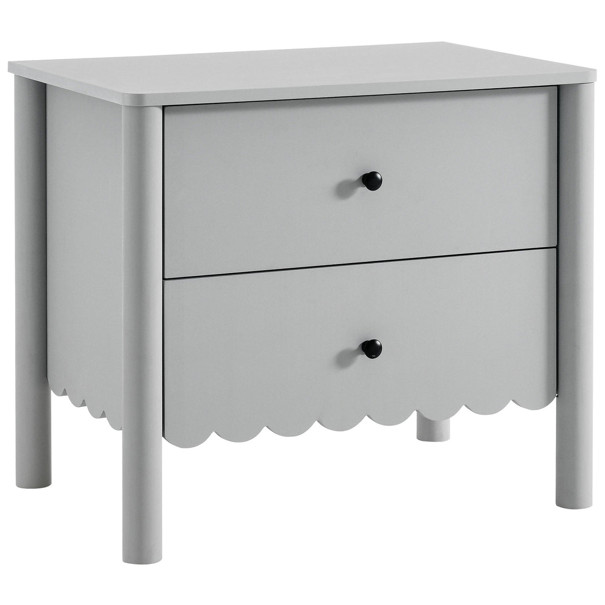 Light gray nightstand with scalloped apron, two drawers, and round black metal knobs || MOD-7206-LGR || front_angle_studio