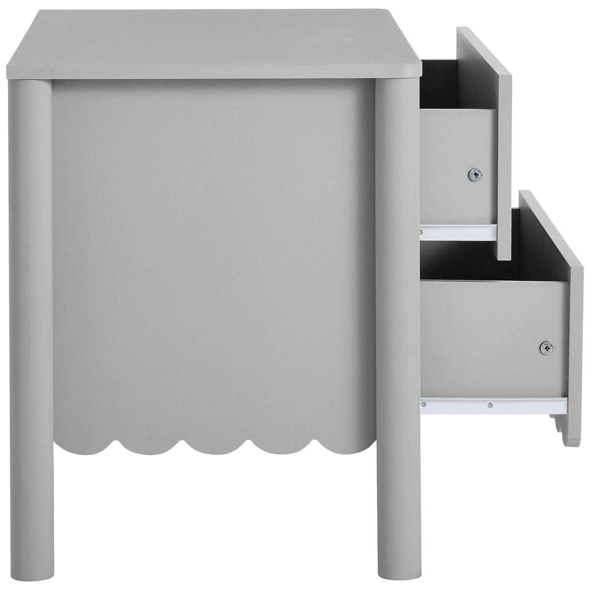 Light gray nightstand with both drawers open, revealing smooth full-extension metal glides || MOD-7206-LGR || side_open_studio