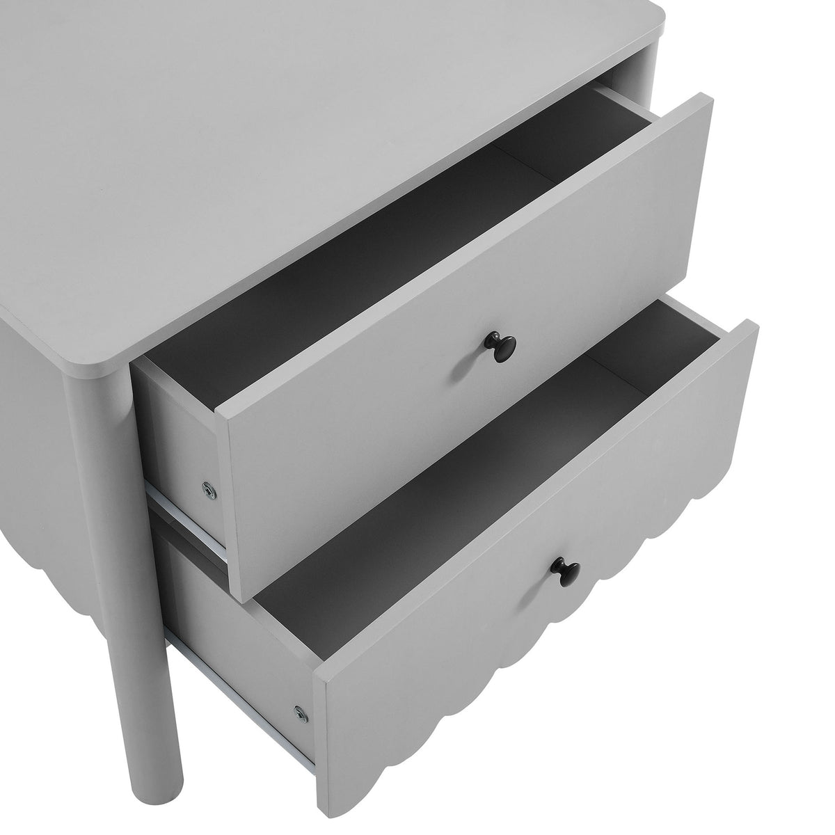 Nightstand highlighting scalloped front edge and spacious dual storage drawers with both drawers open || MOD-7206-LGR || storage_open_studio