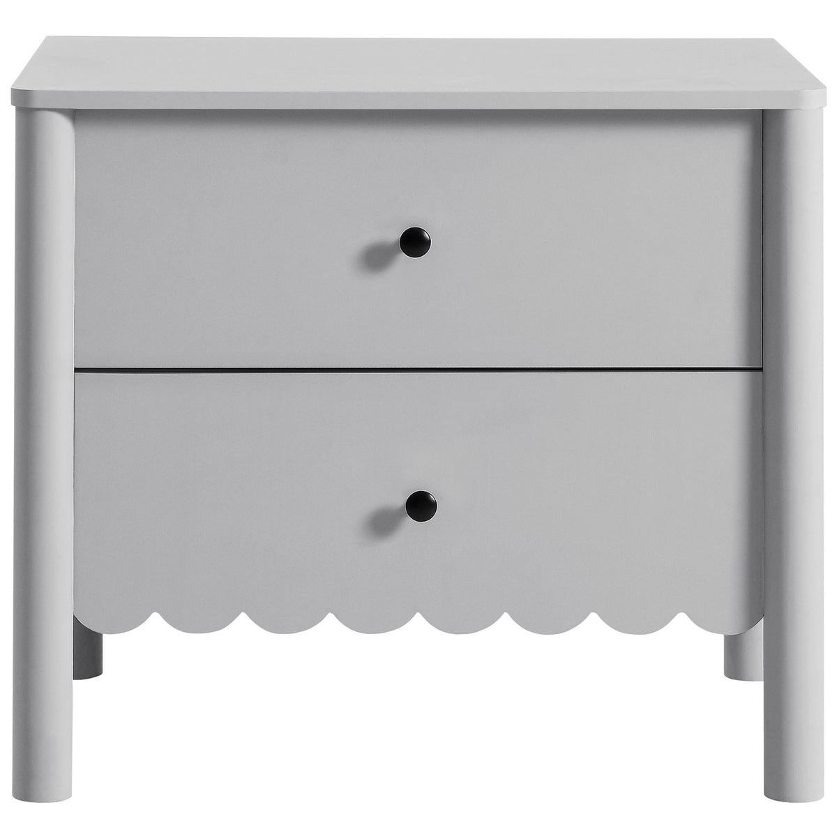 Light gray scalloped nightstand with two drawers and contrasting round black knobs || MOD-7206-LGR || front_studio