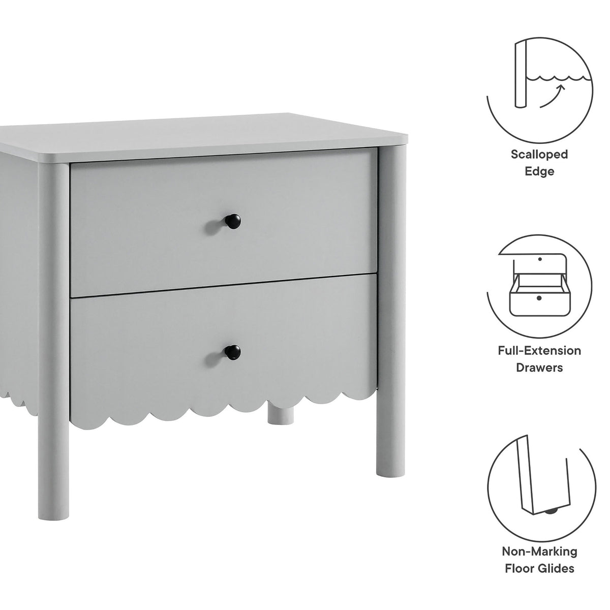 Light gray scalloped nightstand with icons highlighting full-extension drawers and floor glides || MOD-7206-LGR || callout_studio