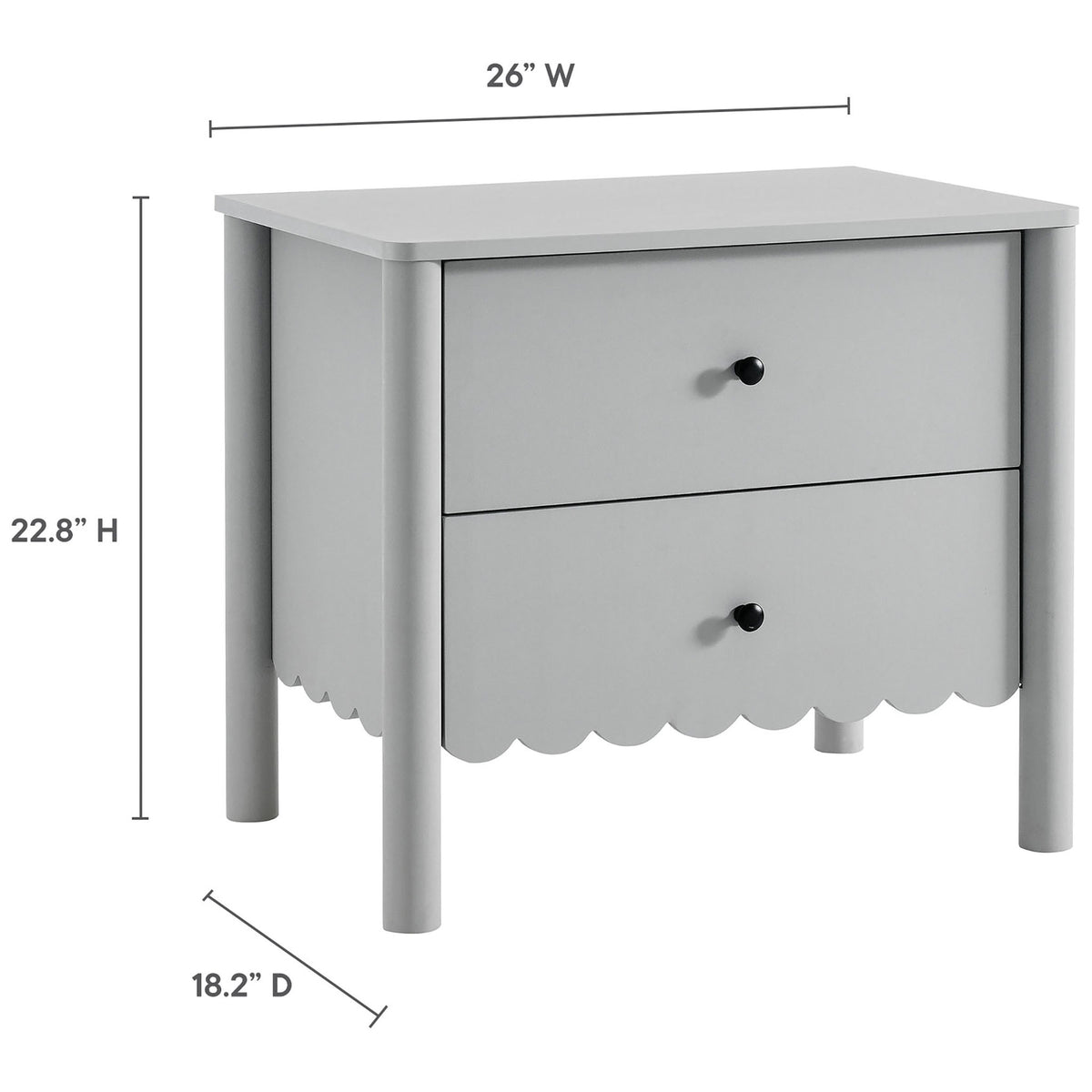 Light gray scalloped nightstand with overlay dimensions for height, width, and depth || MOD-7206-LGR || dimension_studio