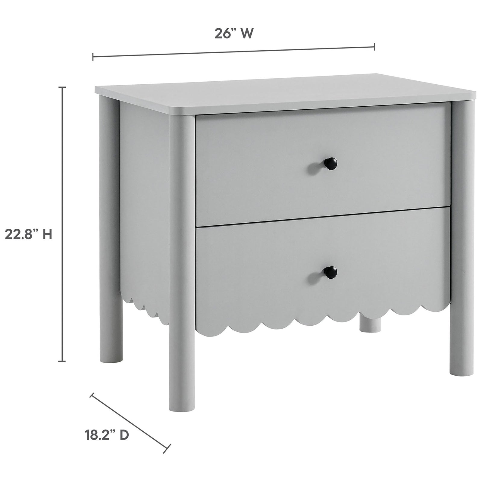 Light gray scalloped nightstand with overlay dimensions for height, width, and depth || MOD-7206-LGR || dimension_studio
