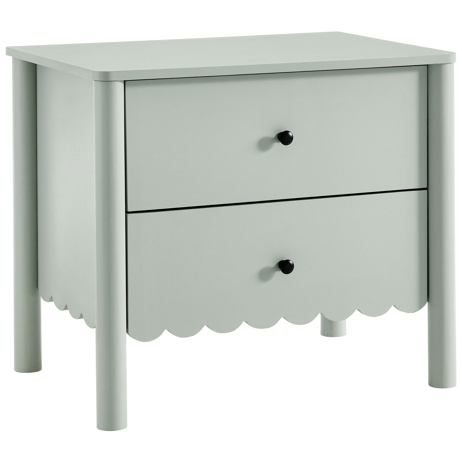 Modern sage nightstand with rounded legs, scalloped detailing, and dual drawers for a playful, polished look. || MOD-7206-SGE || front_angle_studio