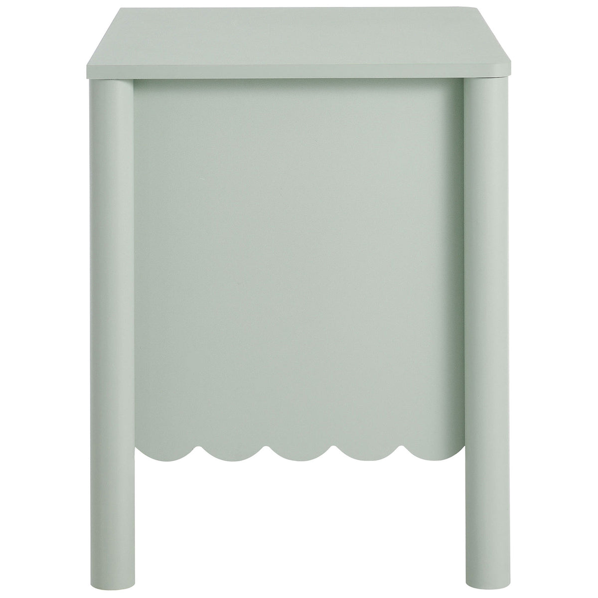 Emmeline nightstand in sage showing rounded corner posts and a gently scalloped skirt panel. || MOD-7206-SGE || side_studio