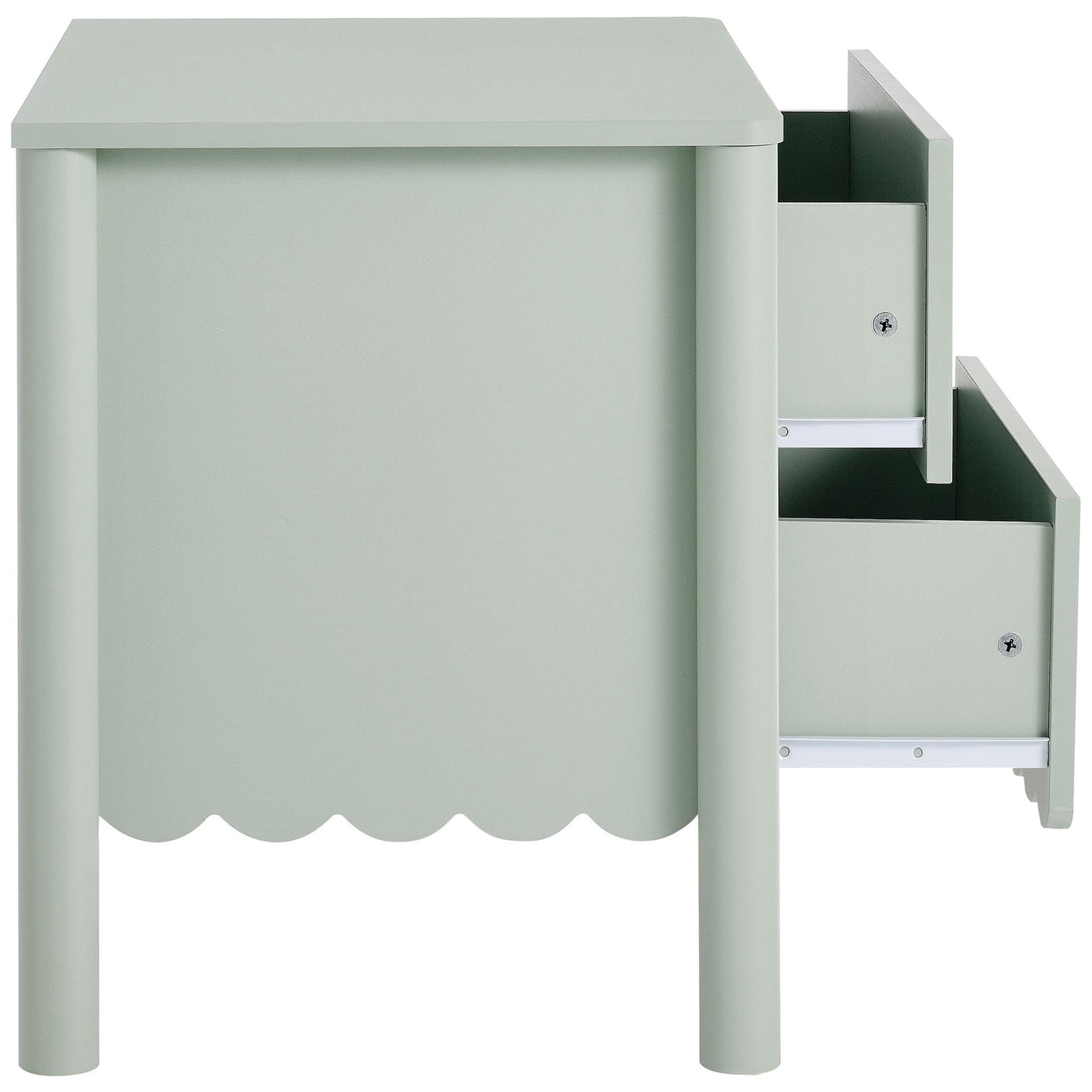 Sage Emmeline nightstand with both drawers fully extended to reveal spacious, smooth-glide storage. || MOD-7206-SGE || side_open_studio