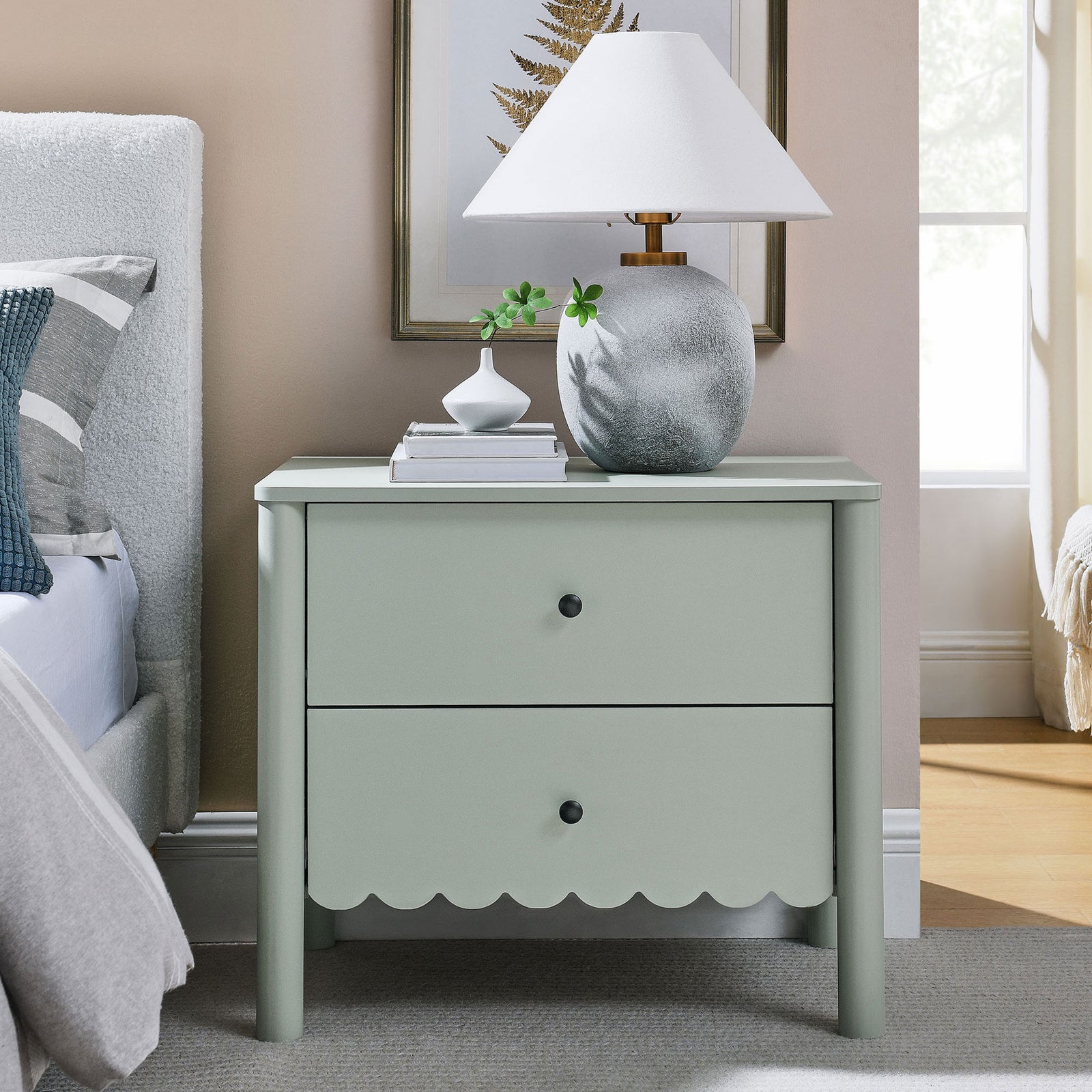 Sage Emmeline nightstand styled beside the bed with a lamp and decor for a soft, modern bedroom look. || MOD-7206-SGE || front_angle_room