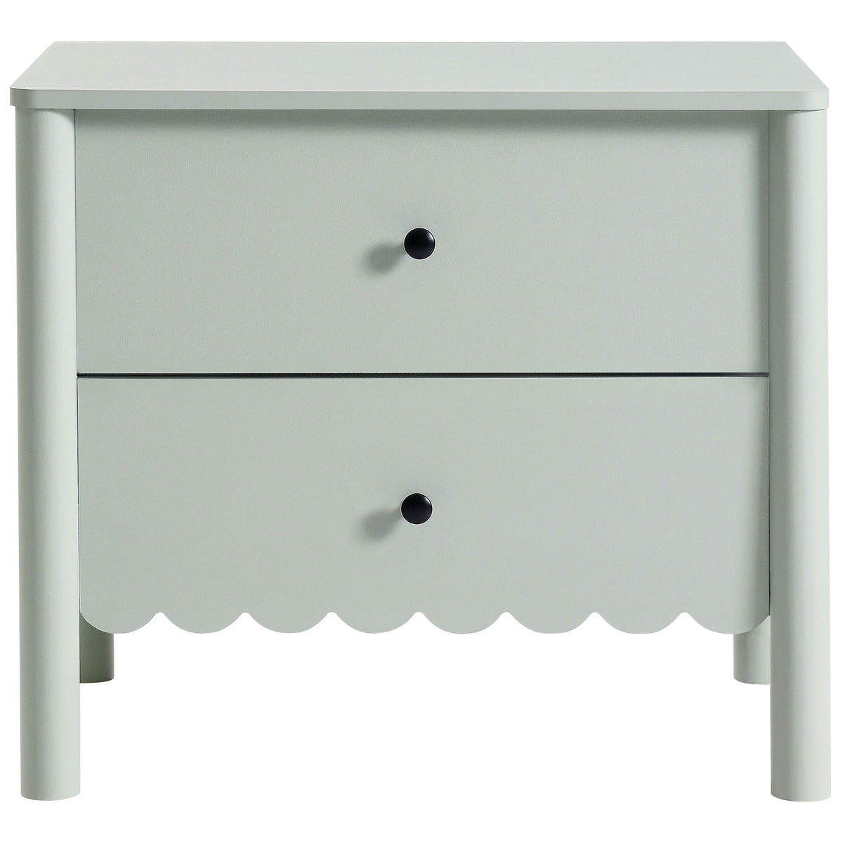 Sage green Emmeline nightstand with scalloped apron and two smooth drawers for charming bedside storage. || MOD-7206-SGE || front_studio