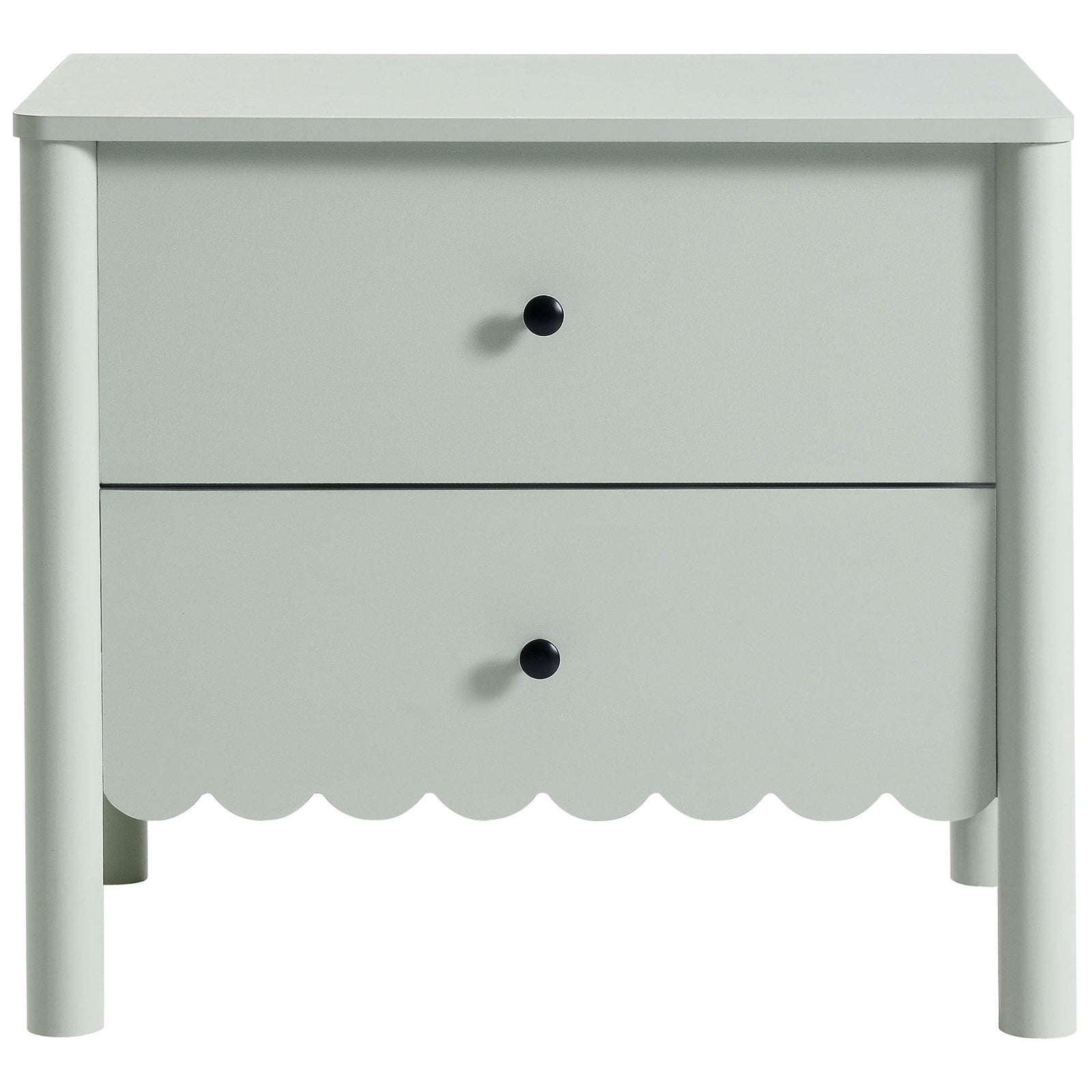 Sage green Emmeline nightstand with scalloped apron and two smooth drawers for charming bedside storage. || MOD-7206-SGE || front_studio