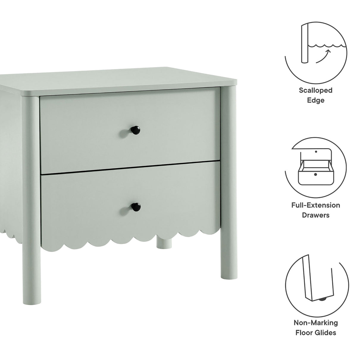 Key features of the Emmeline nightstand: scalloped apron, full-extension drawers, and non-marking floor glides. || MOD-7206-SGE || callout_studio