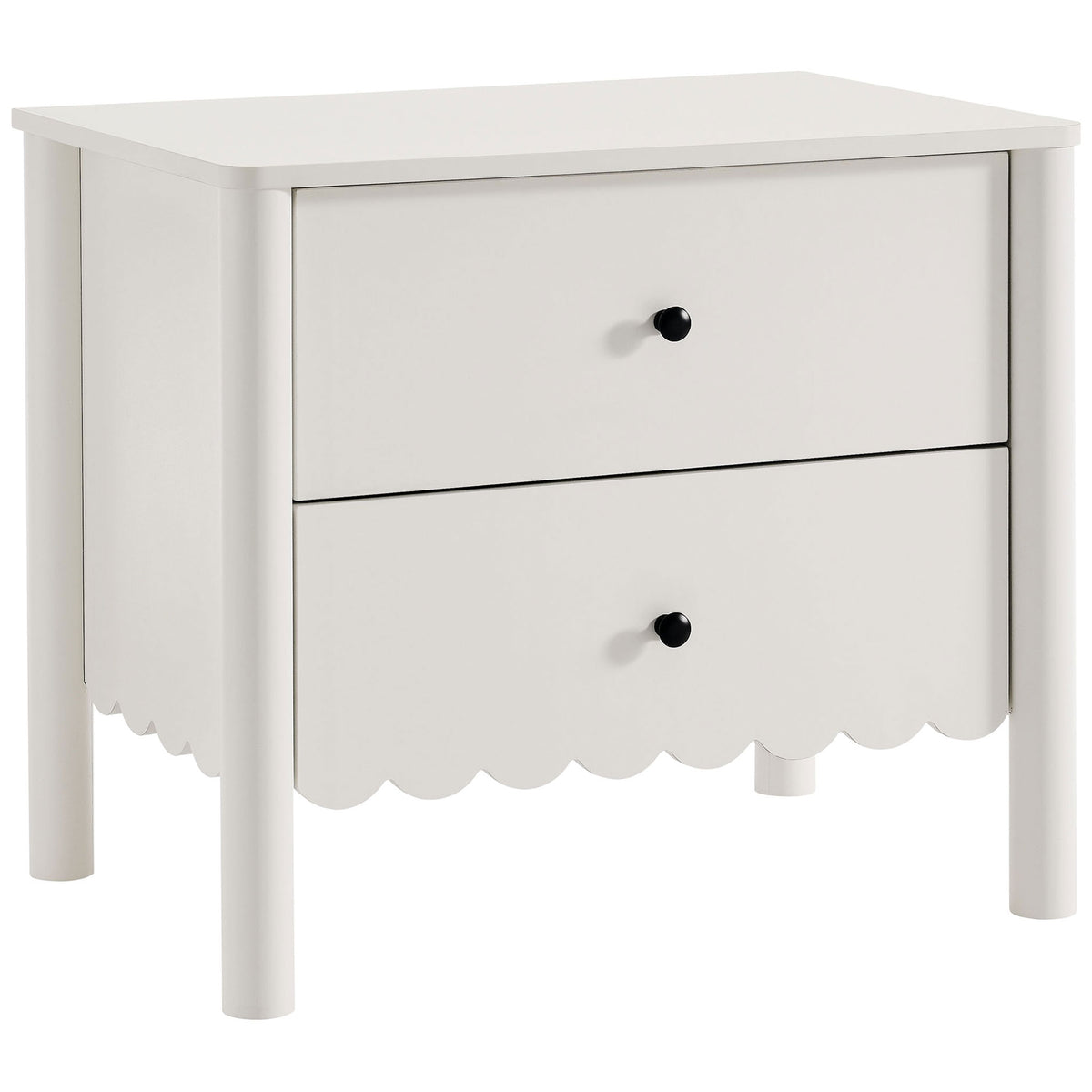 White scalloped 2-drawer nightstand with rounded legs and sleek black knobs || MOD-7206-WHI || front_angle_studio