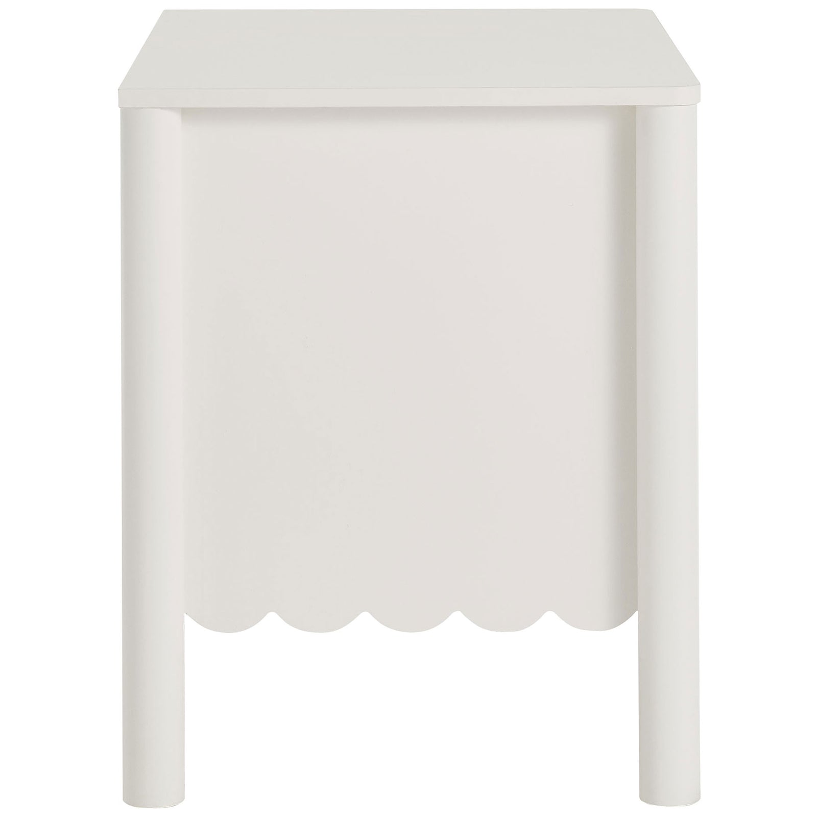 White nightstand showcasing scalloped side apron and smooth cylindrical legs || MOD-7206-WHI || side_studio