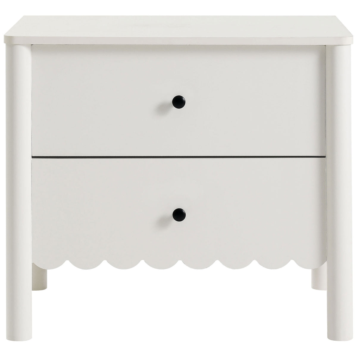 Compact white nightstand with two smooth drawers and charming scalloped apron detail || MOD-7206-WHI || front_studio