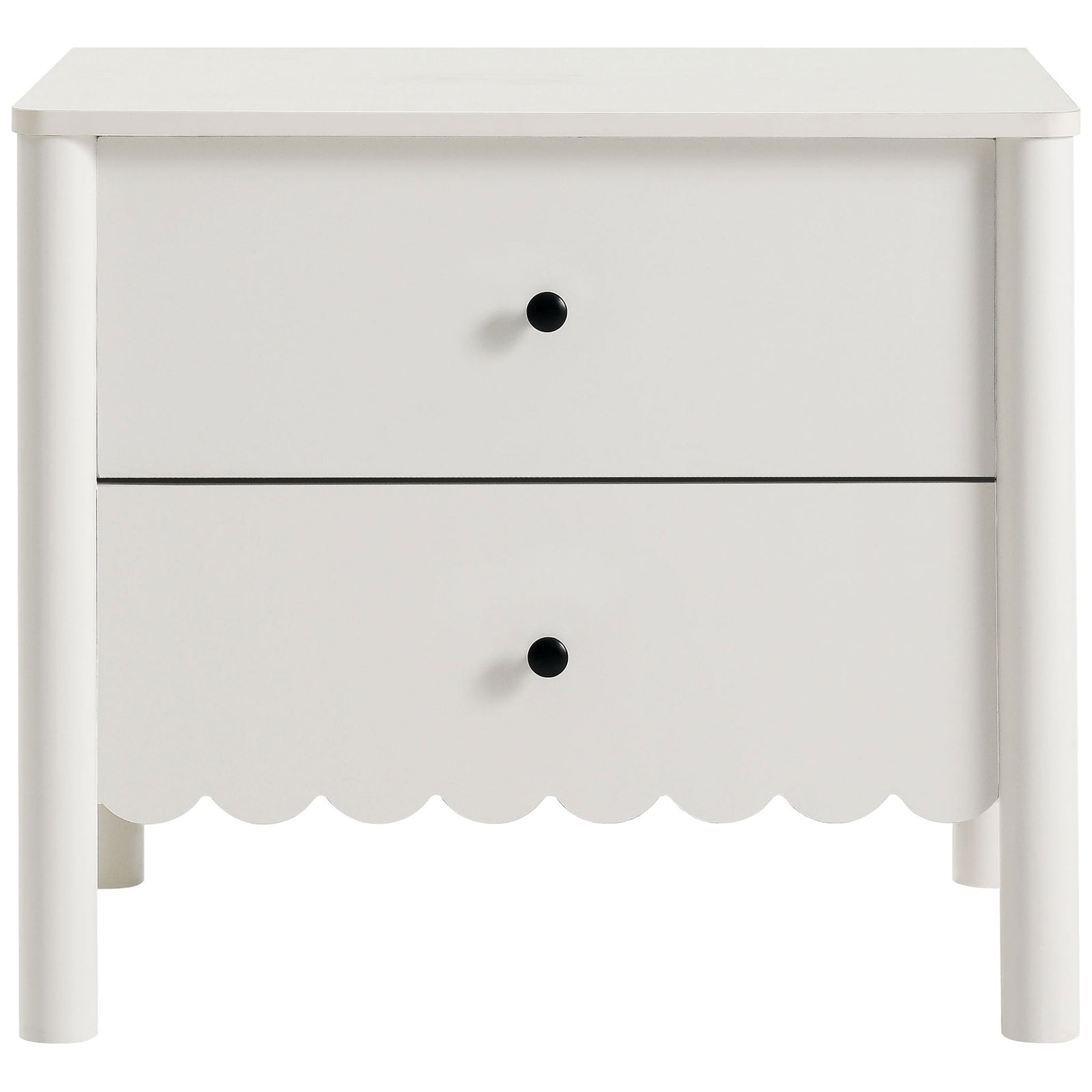 Compact white nightstand with two smooth drawers and charming scalloped apron detail || MOD-7206-WHI || front_studio