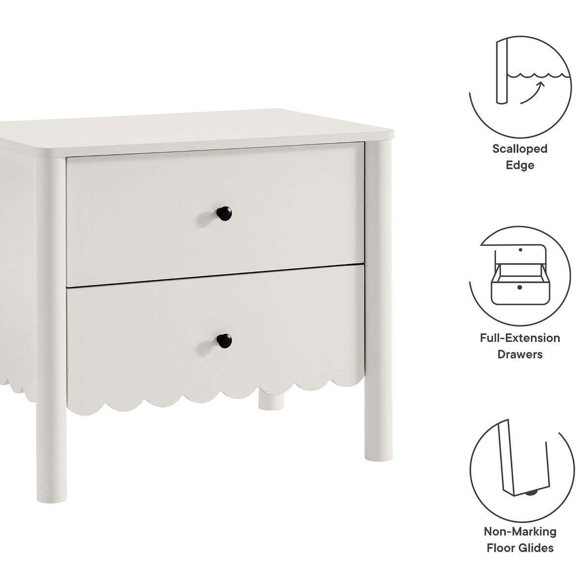 Feature icons highlighting scalloped edge, full-extension drawers, and non-marking floor glides || MOD-7206-WHI || callout_studio