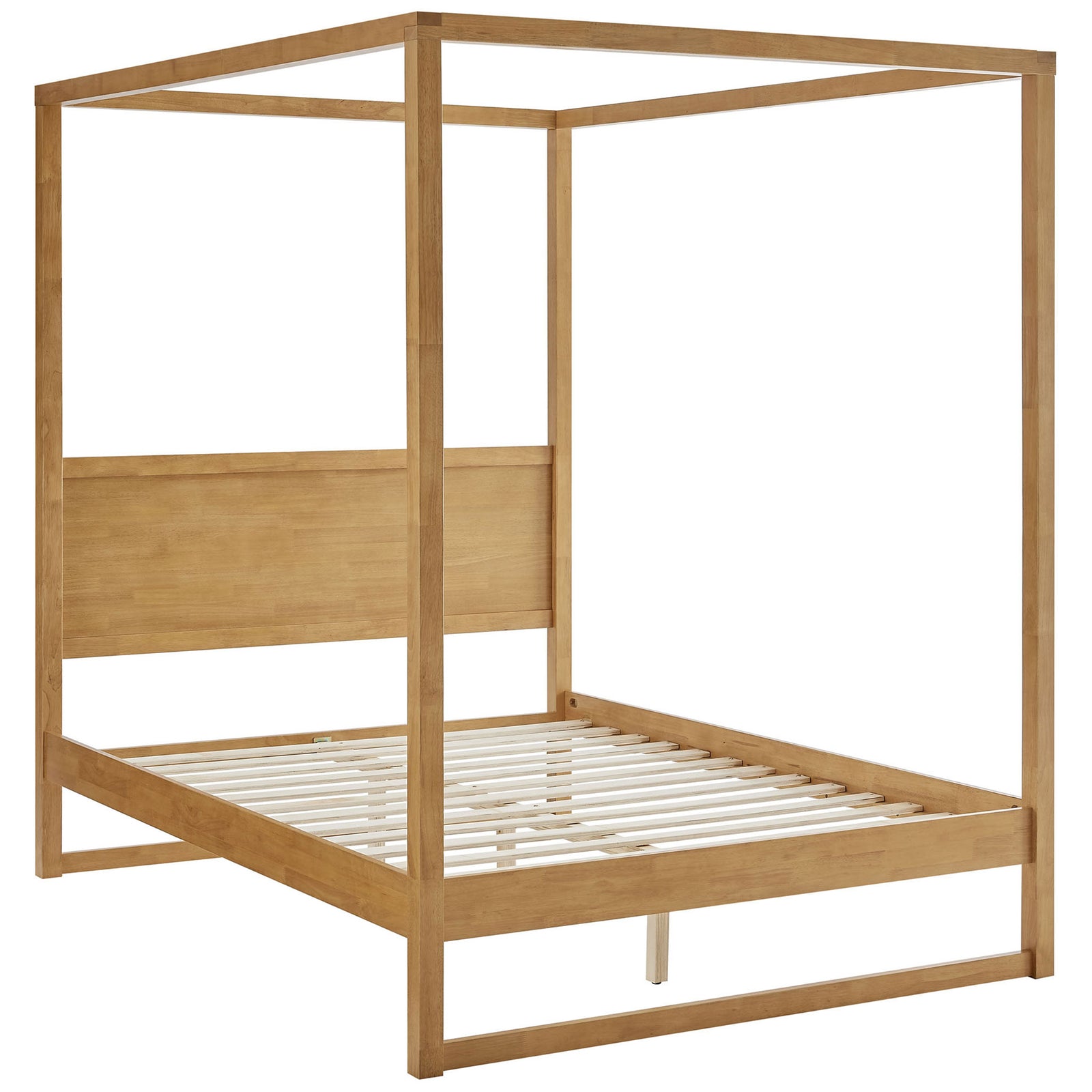 Minimalist 4-post oak canopy frame with integrated headboard and sturdy slat platform || MOD-7215-OAK || front_angle_studio