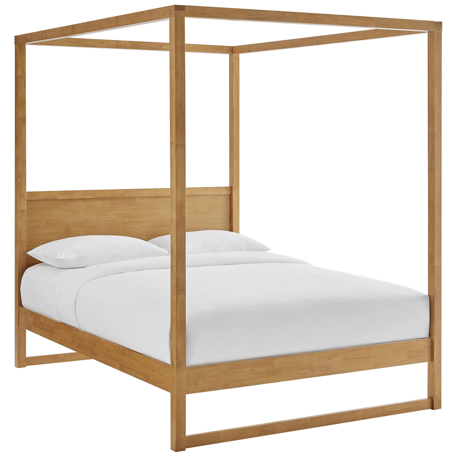 Airy open-frame canopy bed in warm oak with a clean platform profile and integrated wood headboard || MOD-7215-OAK || front_angle_studio