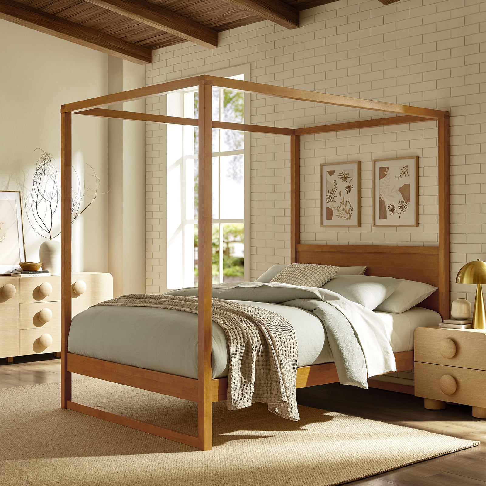 Open-frame oak canopy bed brings modern warmth and airy structure to the bedroom || MOD-7215-OAK || front_angle_room