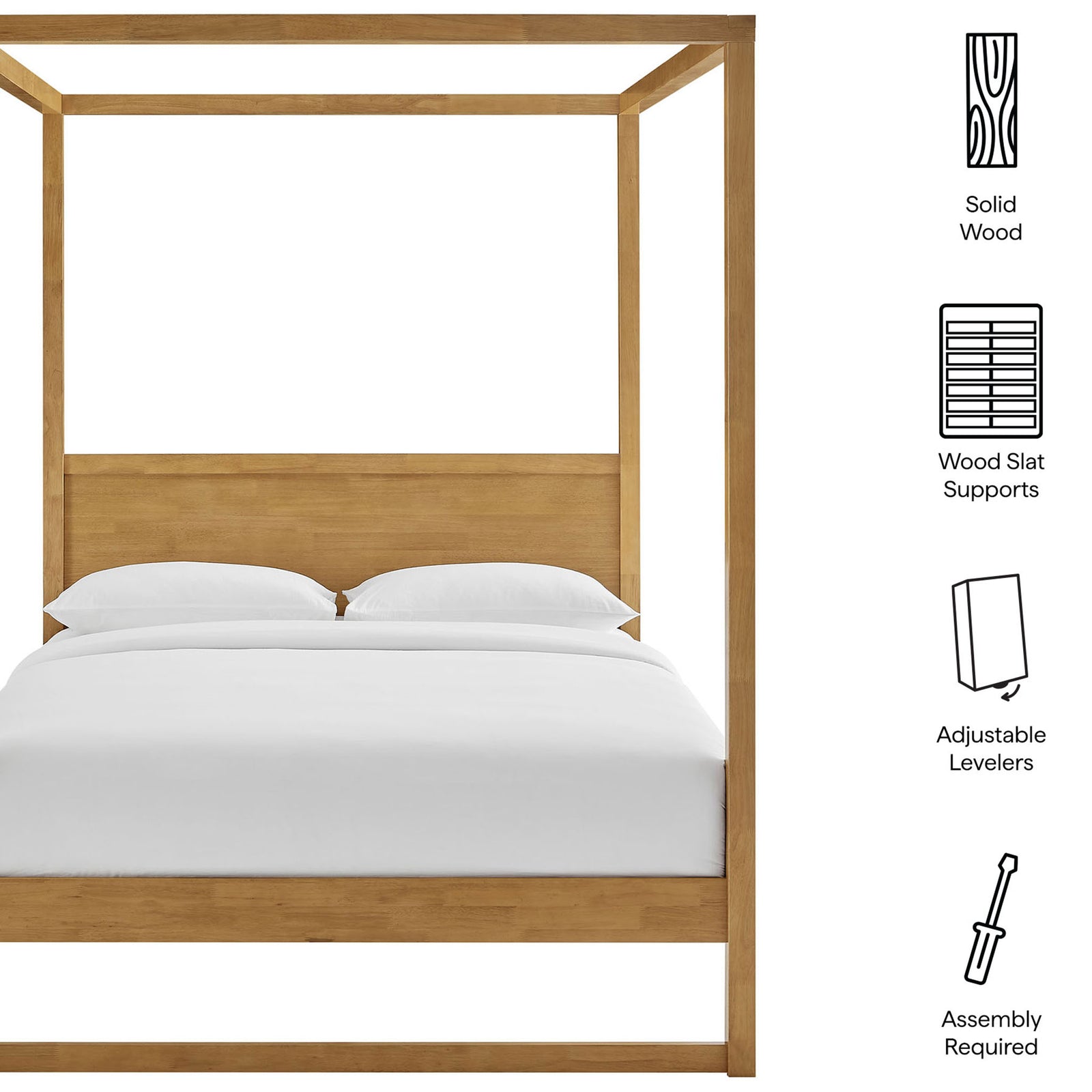 Feature highlights: solid wood build, wood slat support, adjustable levelers, assembly required || MOD-7215-OAK || callout_studio