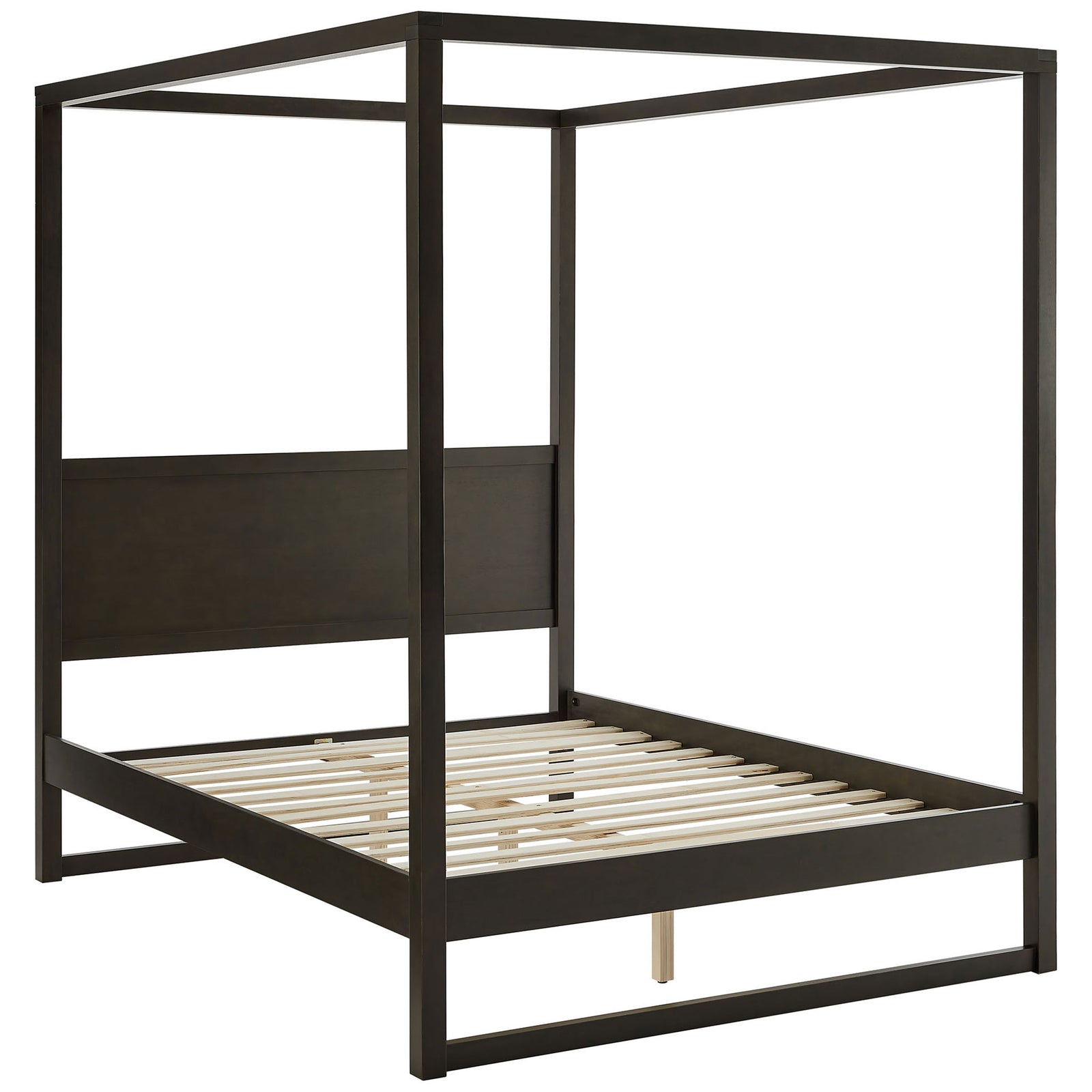 Sleek smoked oak canopy bed with open-frame design and sturdy wood slat support || MOD-7215-SOA || front_angle_studio