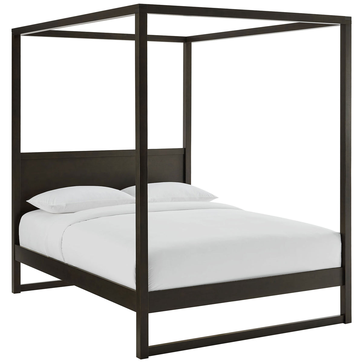 Modern canopy platform bed with integrated headboard and crisp minimalist silhouette || MOD-7215-SOA || front_angle_studio