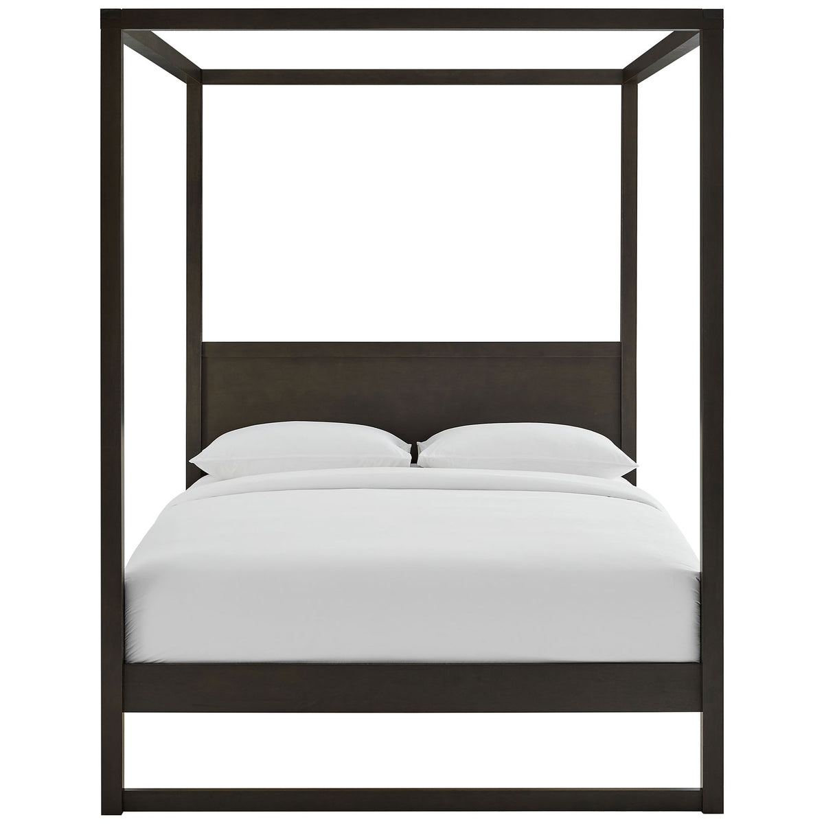 Four-post smoked oak canopy bed with wide wood headboard and clean, modern lines || MOD-7215-SOA || front_studio