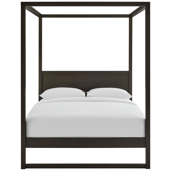 Four-post smoked oak canopy bed with wide wood headboard and clean, modern lines || MOD-7215-SOA || front_studio