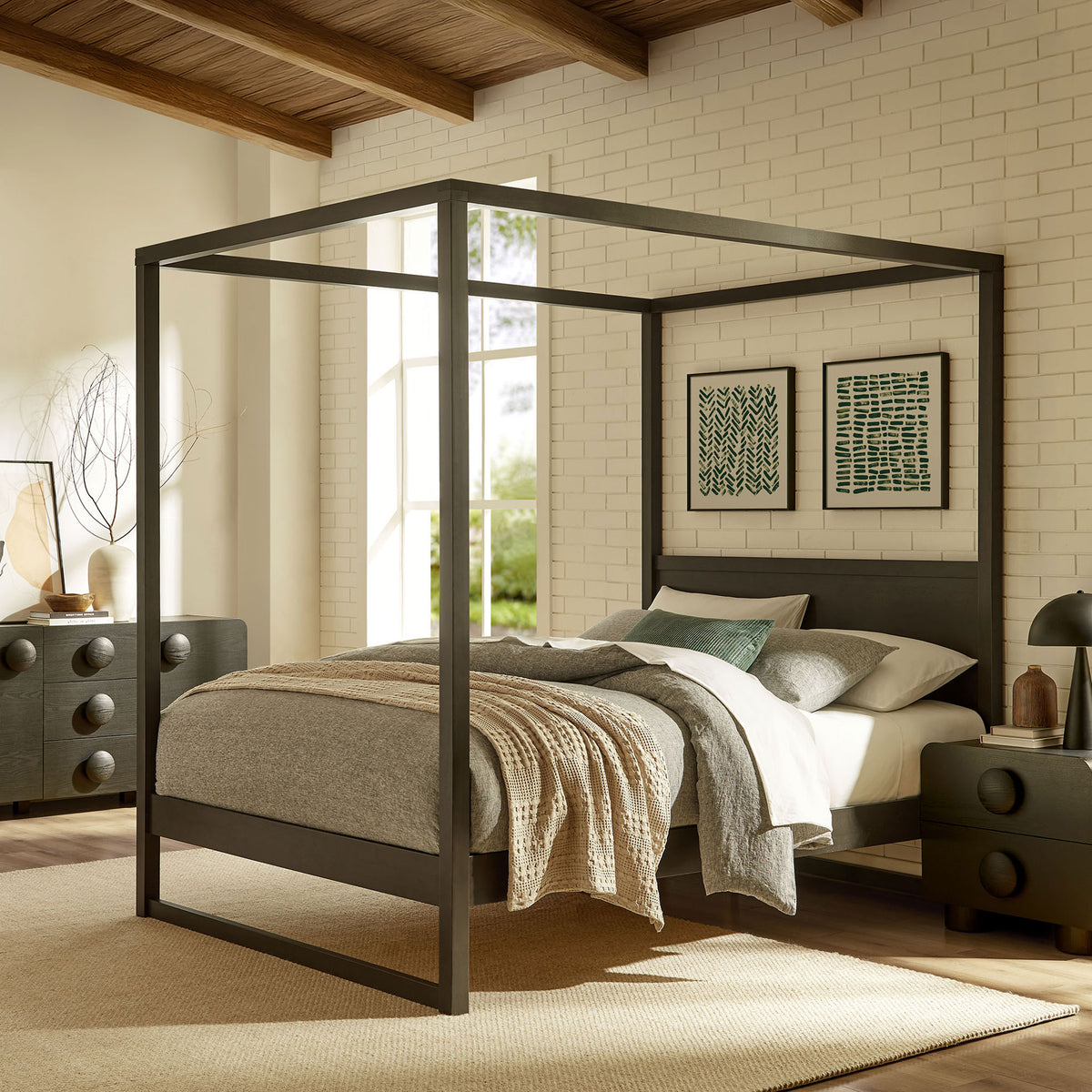 Modern smoked oak canopy bed anchors the room with timeless, clean-lined style || MOD-7215-SOA || front_angle_room