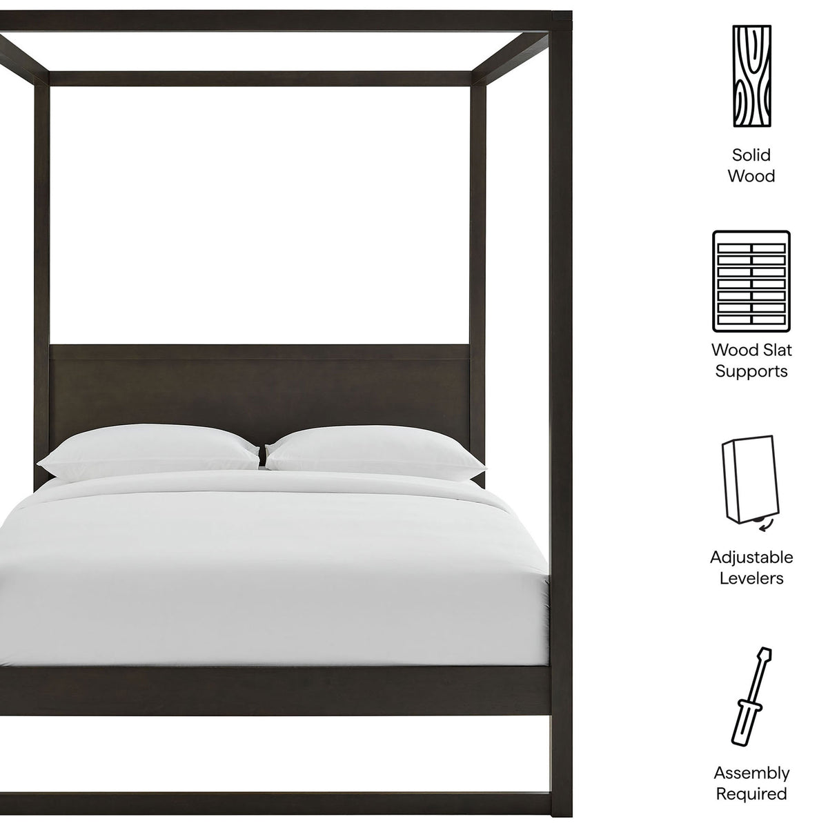 Solid wood canopy bed with wood slat supports and adjustable levelers || MOD-7215-SOA || callout_studio