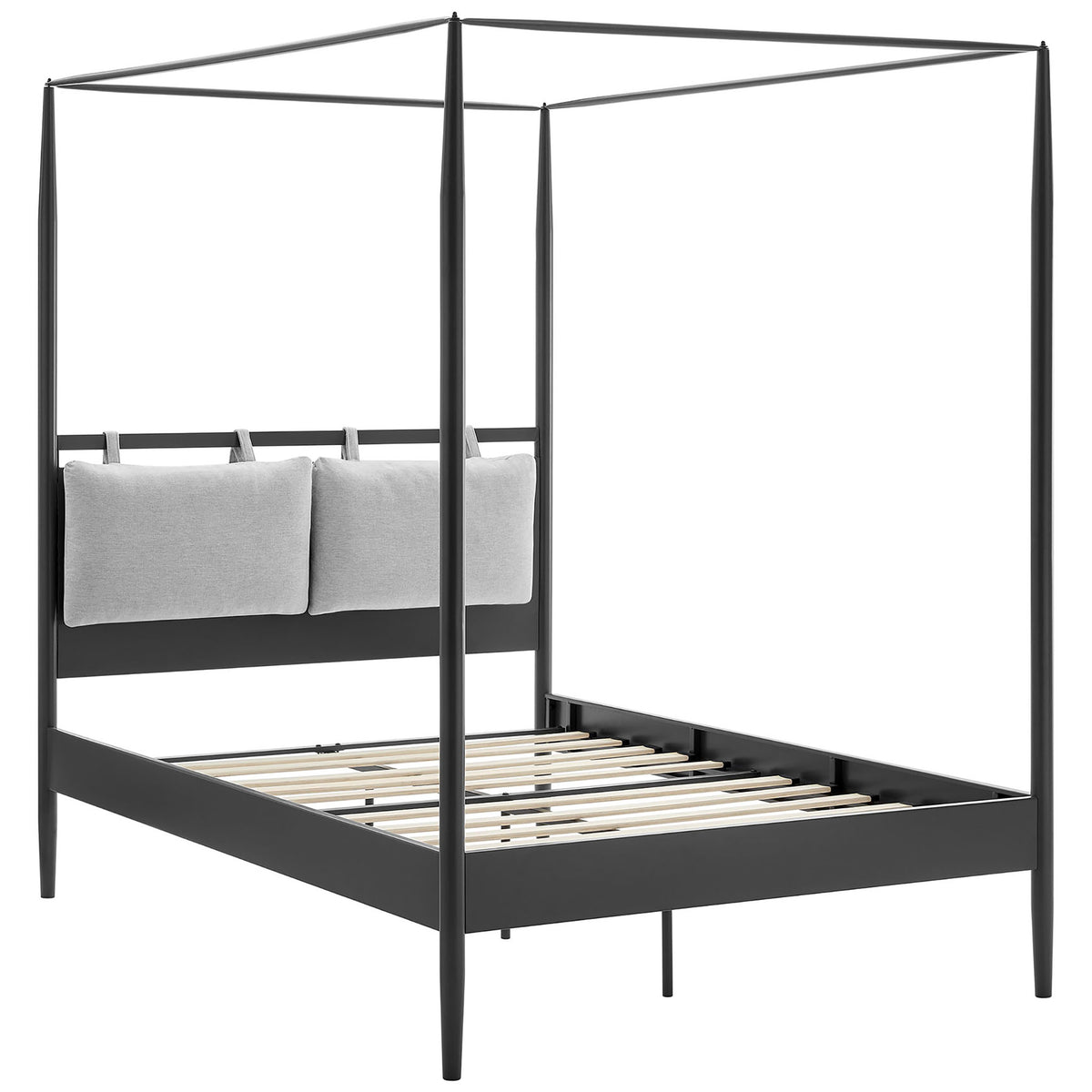 Sleek four-poster canopy bed with open slat base and adjustable cushion headboard in charcoal metal || MOD-7222-CHA-NPT || front_angle_studio