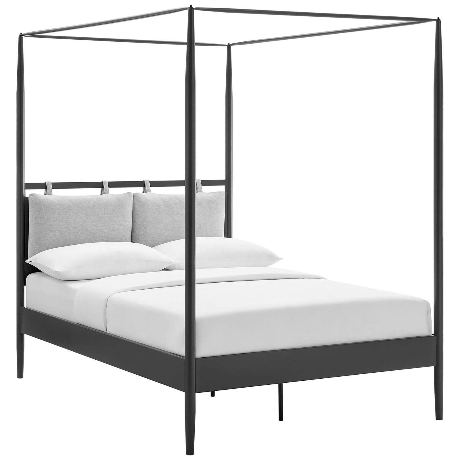 Contemporary canopy platform bed with soft gray pillows and crisp bedding on a sturdy metal frame || MOD-7222-CHA-NPT || front_angle_studio