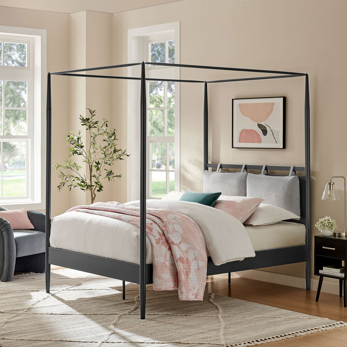 Styled bedroom with the sculptural canopy bed and layered, cozy bedding || MOD-7222-CHA-NPT || front_angle_room