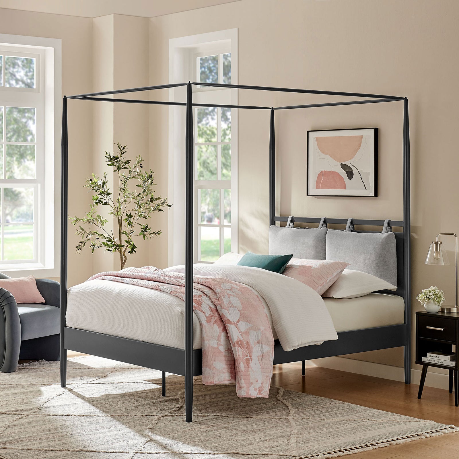 Styled bedroom with the sculptural canopy bed and layered, cozy bedding || MOD-7222-CHA-NPT || front_angle_room