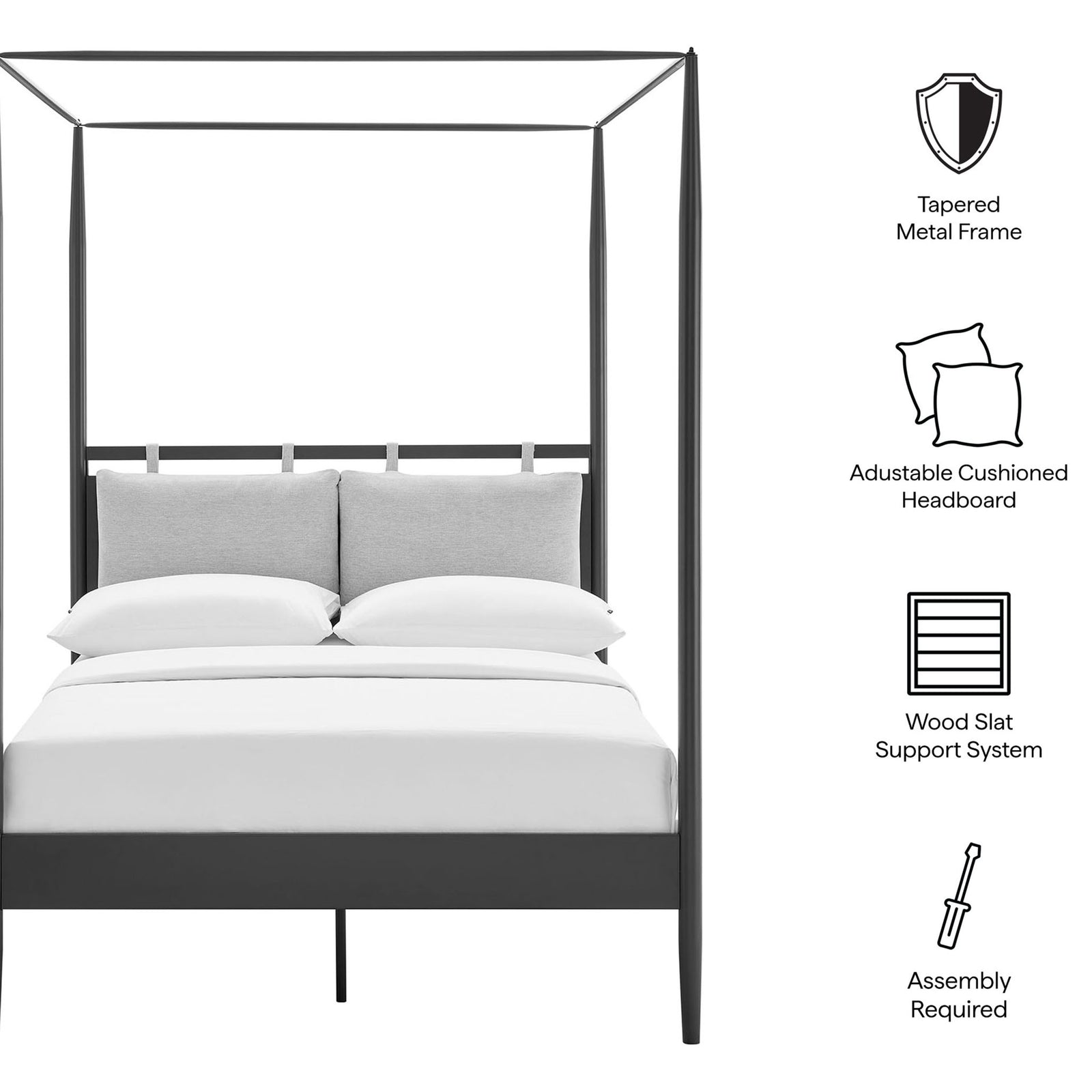 Highlights of the canopy bed: tapered frame, cushioned headboard, and slat support system || MOD-7222-CHA-NPT || callout_studio