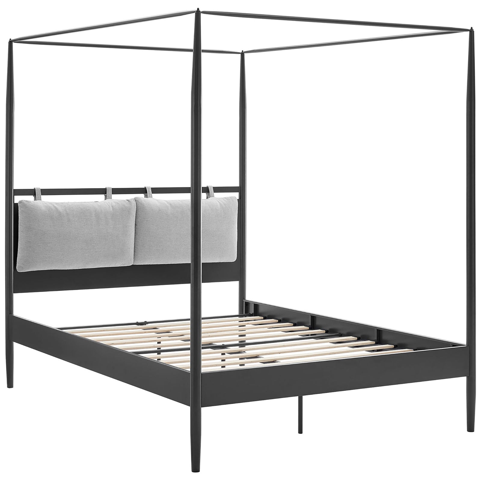 Elegant four-poster canopy bed with open slat base and adjustable pillow headboard in charcoal finish || MOD-7223-CHA-NPT || front_angle_studio