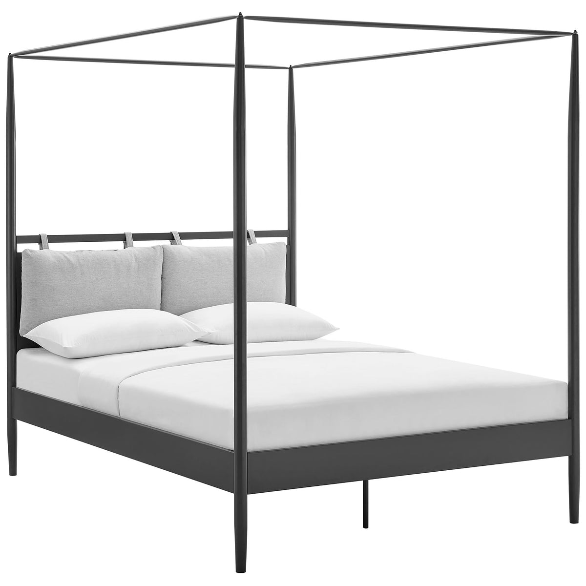 Modern canopy platform bed styled with crisp white bedding and plush gray headboard cushions || MOD-7223-CHA-NPT || front_angle_studio