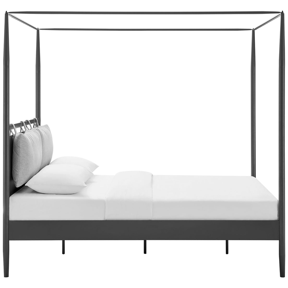 Slim metal canopy bed profile with tapered legs and low footboard for an uncluttered look || MOD-7223-CHA-NPT || side_studio
