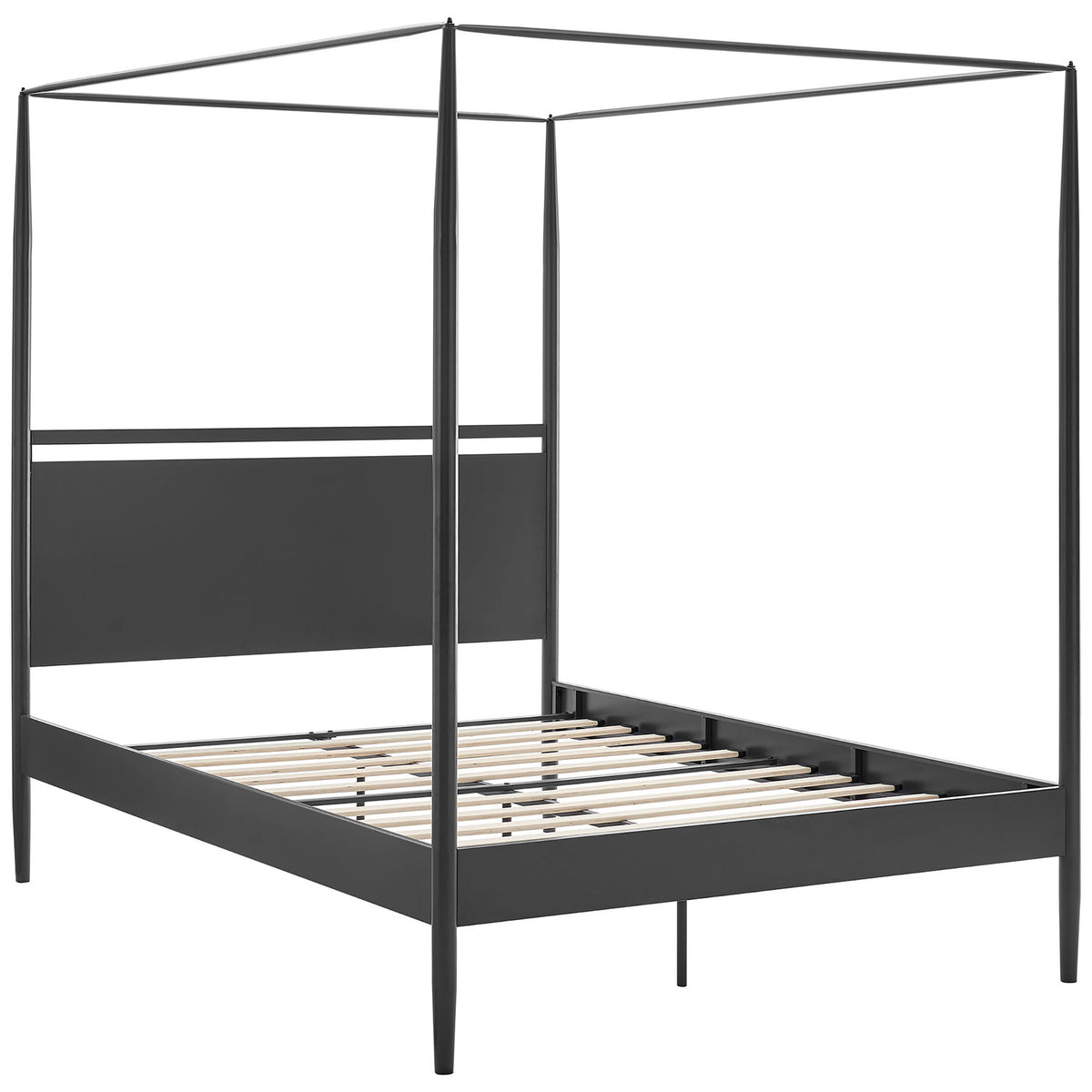 Durable metal canopy structure with tapered posts and evenly spaced wood slats for support || MOD-7223-CHA-NPT || back_angle_studio