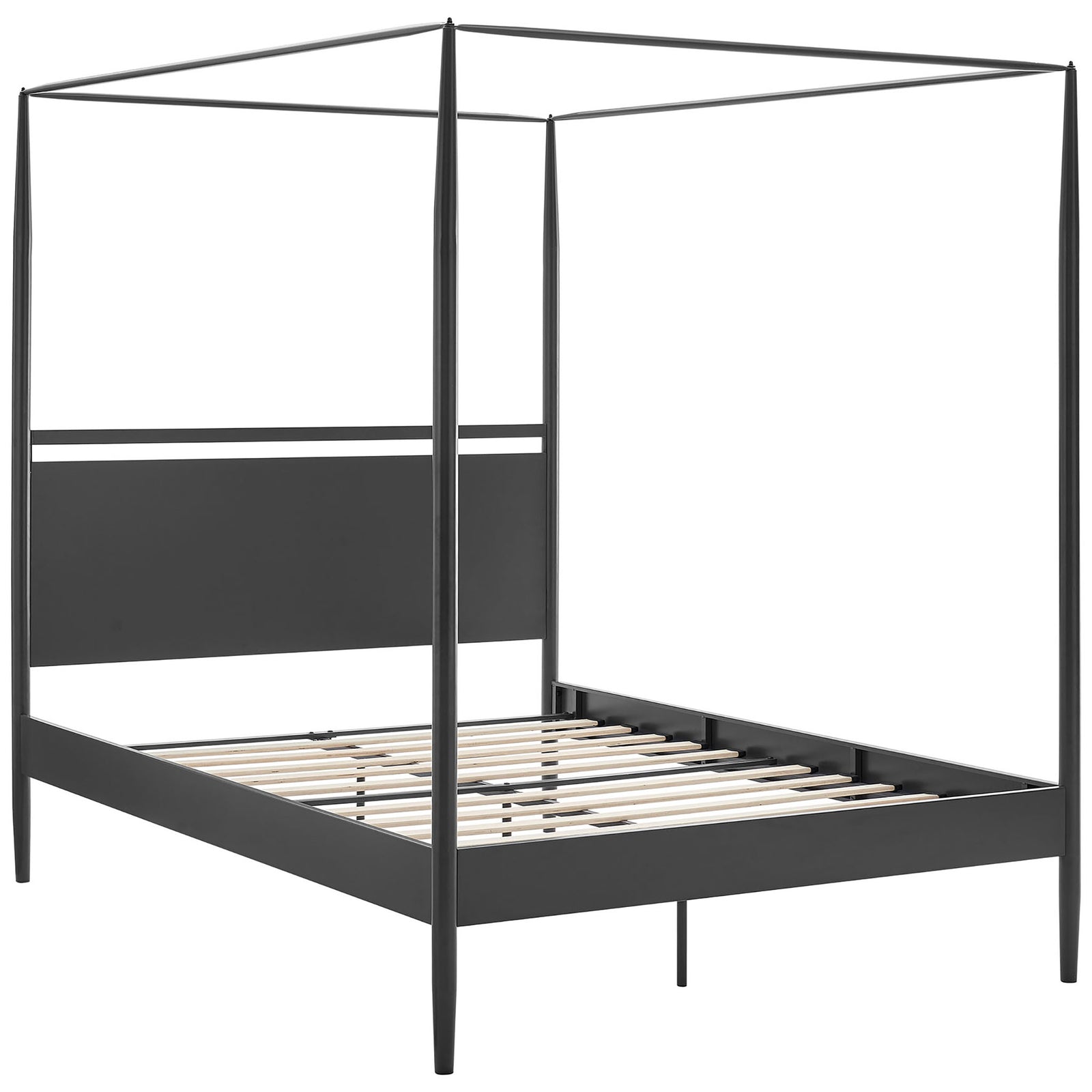 Durable metal canopy structure with tapered posts and evenly spaced wood slats for support || MOD-7223-CHA-NPT || back_angle_studio