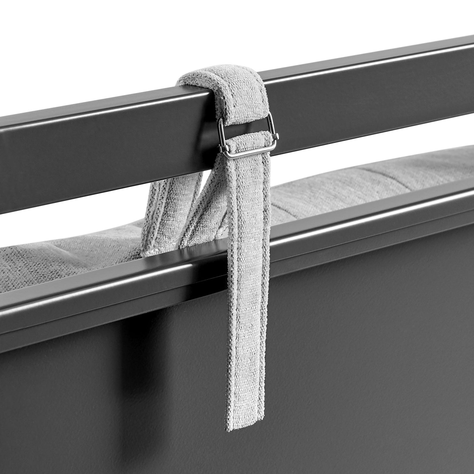 Adjustable strap hardware anchors the headboard cushion securely to the metal frame || MOD-7223-CHA-NPT || detail_studio