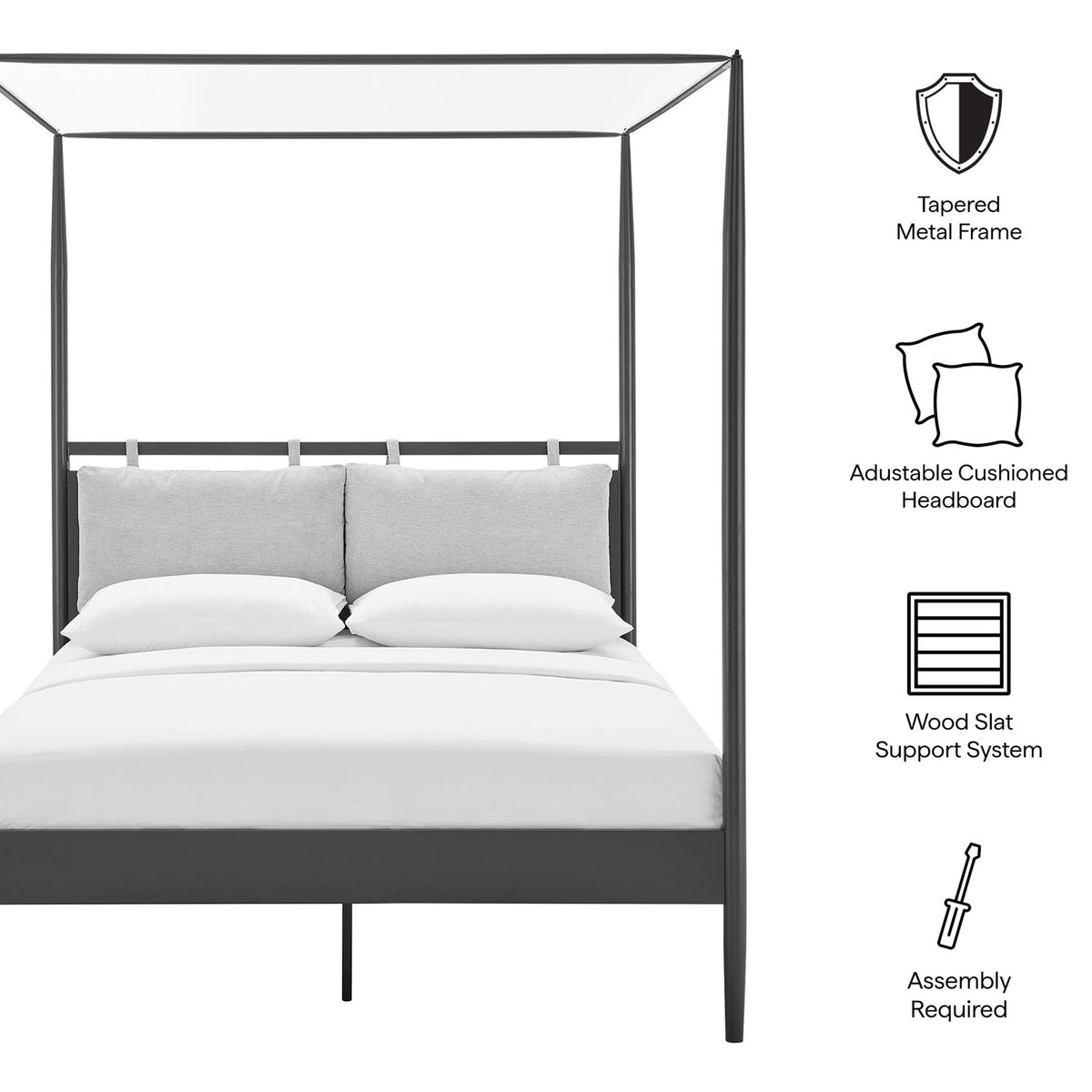 Feature overview: tapered metal frame, cushioned adjustable headboard, and wood slat support || MOD-7223-CHA-NPT || callout_studio