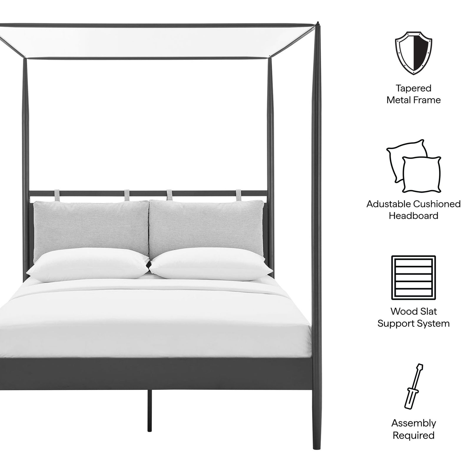 Feature overview: tapered metal frame, cushioned adjustable headboard, and wood slat support || MOD-7223-CHA-NPT || callout_studio