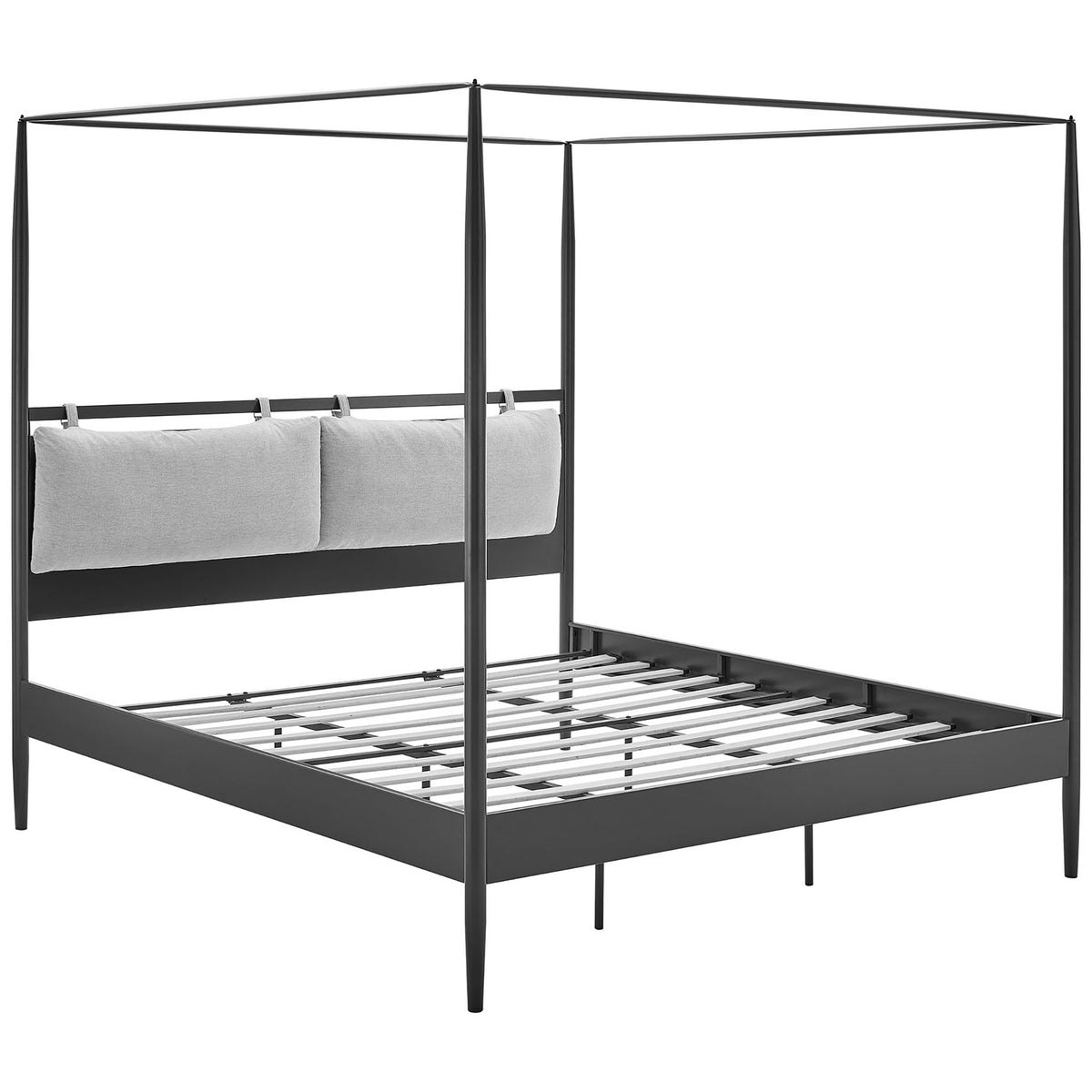 Statement four-poster canopy bed with slatted platform base and adjustable pillow headboard || MOD-7224-CHA-NPT || front_angle_studio