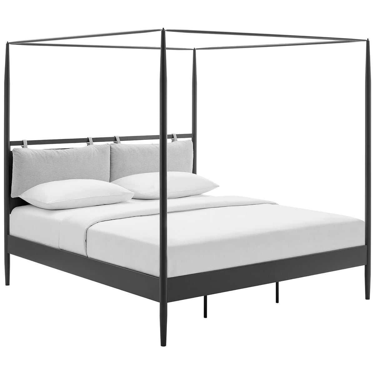 Contemporary canopy bed with plush gray headboard cushions and smooth, tailored bedding || MOD-7224-CHA-NPT || front_angle_studio